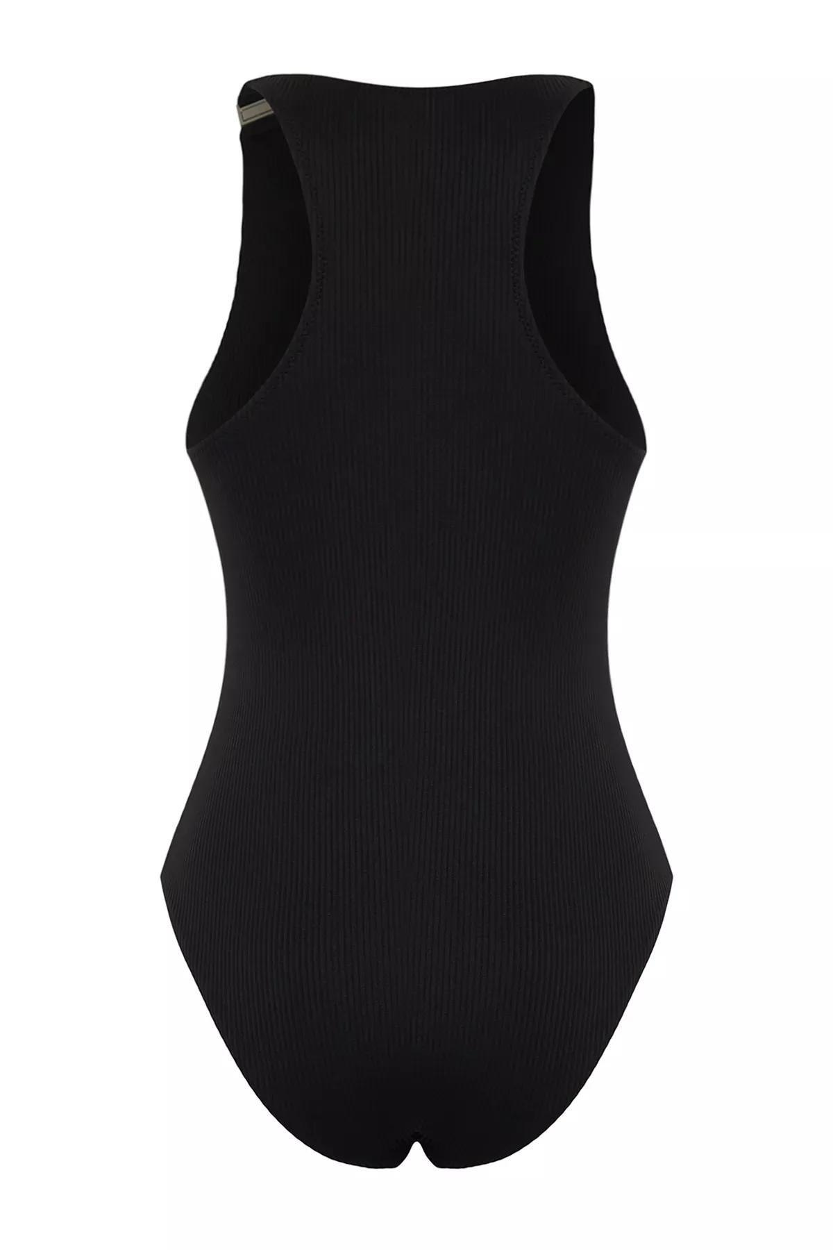 Black Halter Neck Textured Swimsuit, , large image number 6
