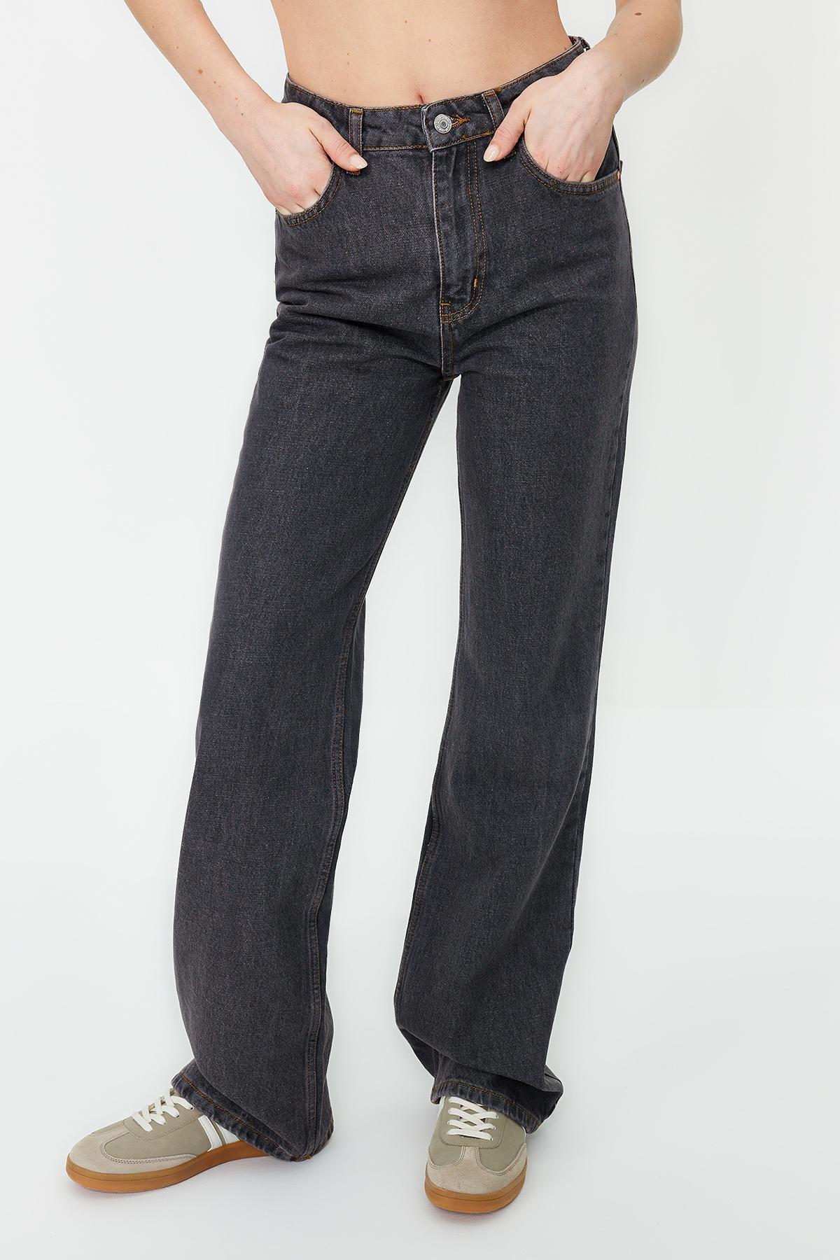 Black High Waist Wide Leg Jeans, BLACK, large image number 0