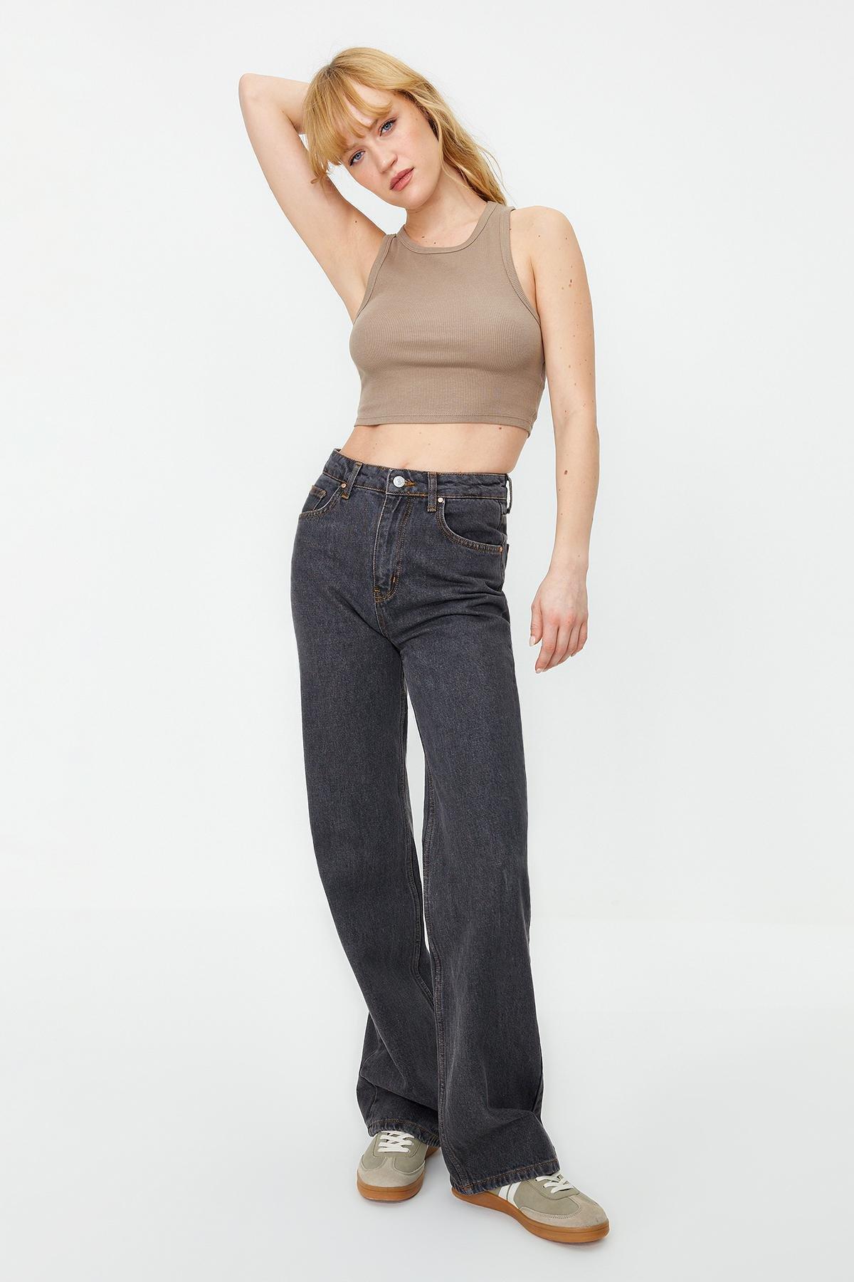 Black High Waist Wide Leg Jeans, BLACK, large image number 3