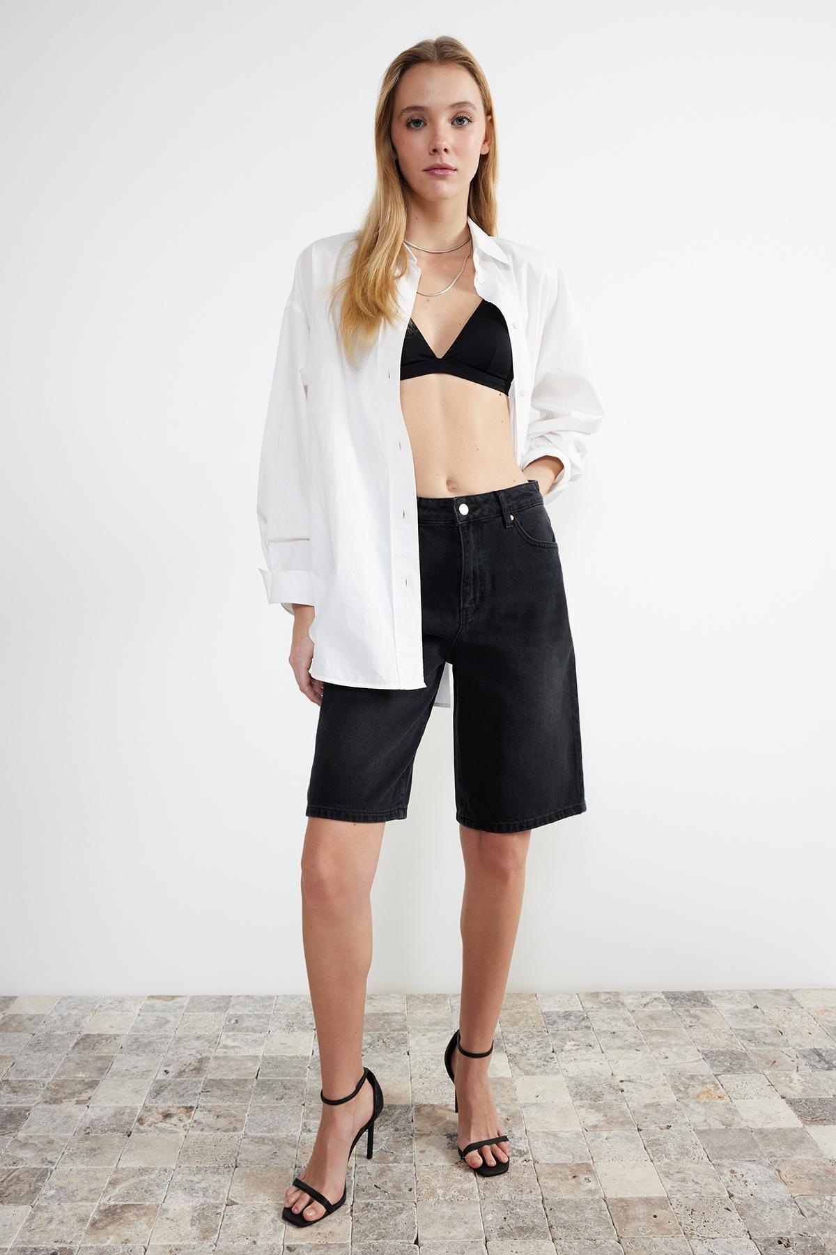 Black High Waist Denim Shorts, , large image number 1