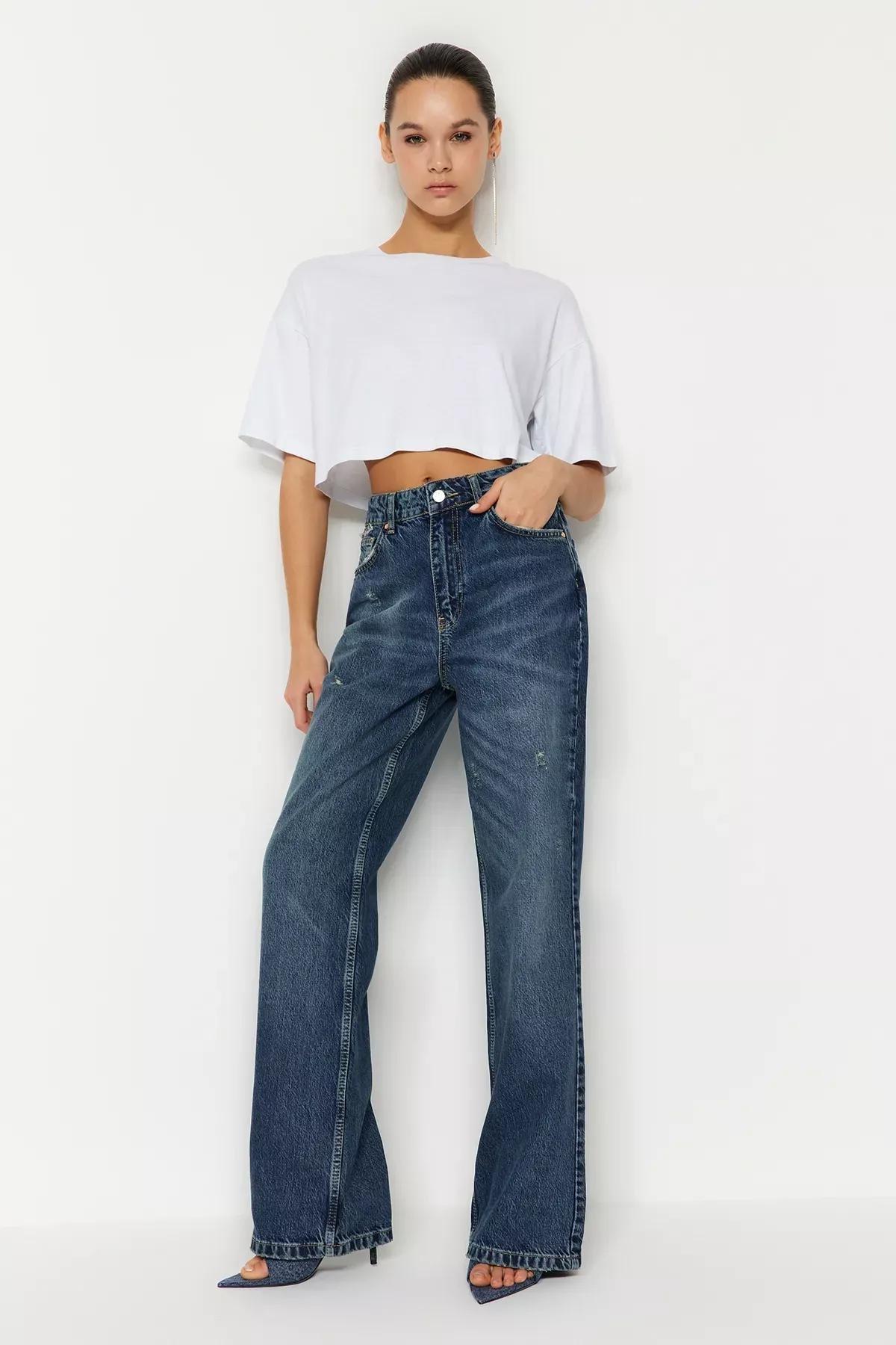 Blue Ripped High Waist Wide Leg Jeans, , large image number 0