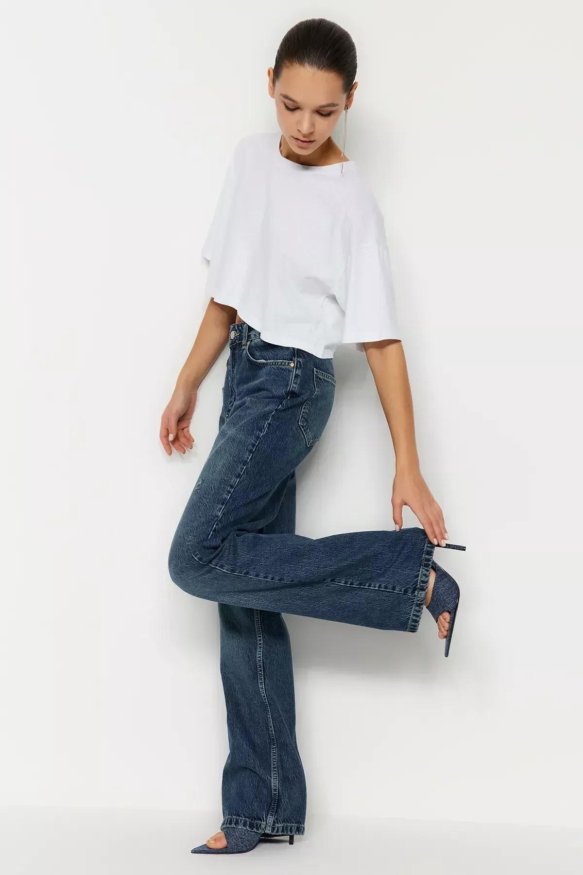 Blue Ripped High Waist Wide Leg Jeans, , large image number 1