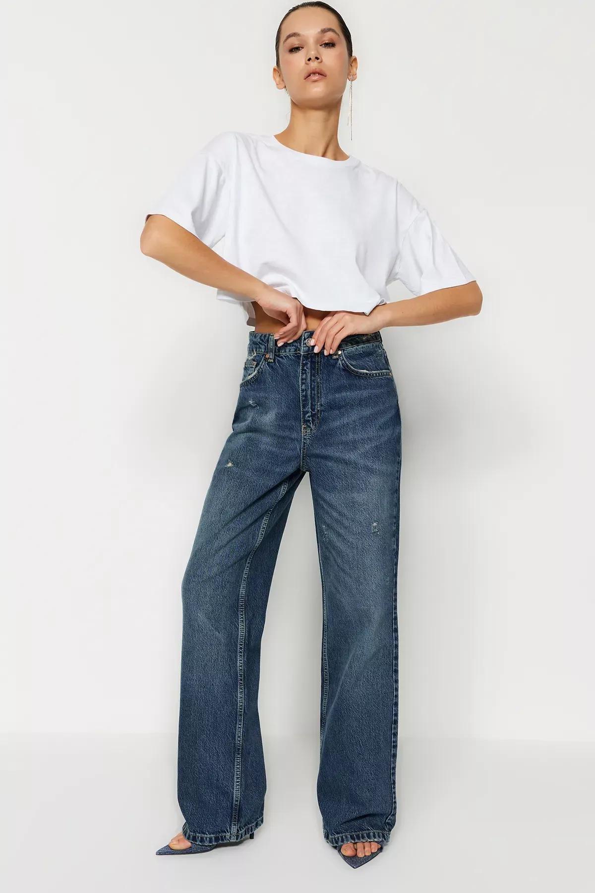 Blue Ripped High Waist Wide Leg Jeans, , large image number 2