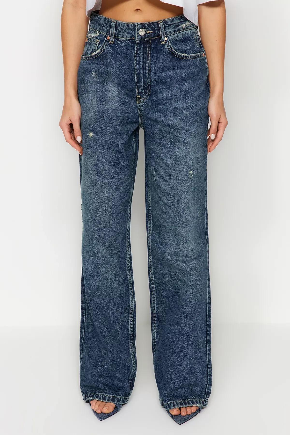 Blue Ripped High Waist Wide Leg Jeans, Blue, large image number 3