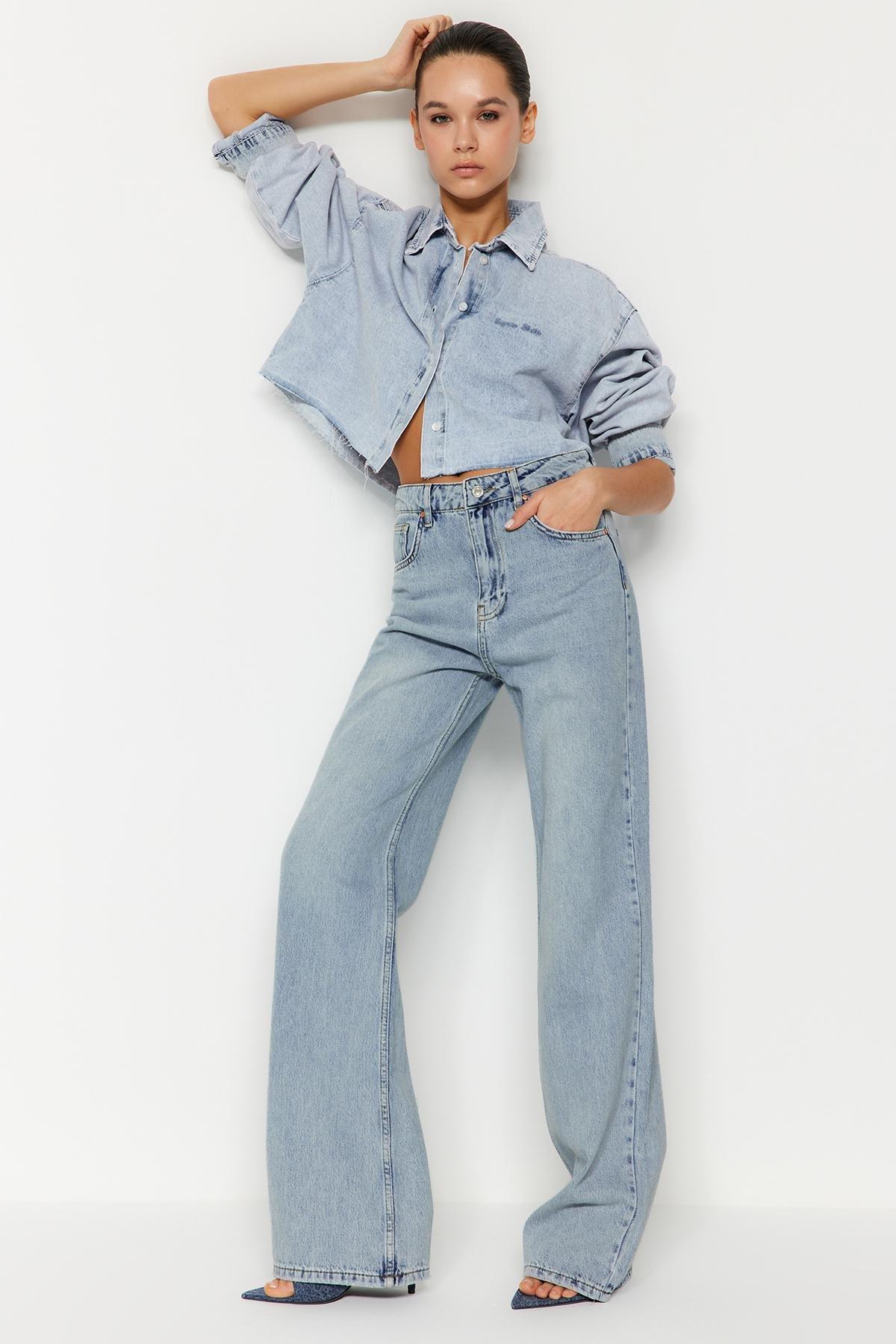 Blue Pale Effect Vintage Wide Leg Jeans, , large image number 0