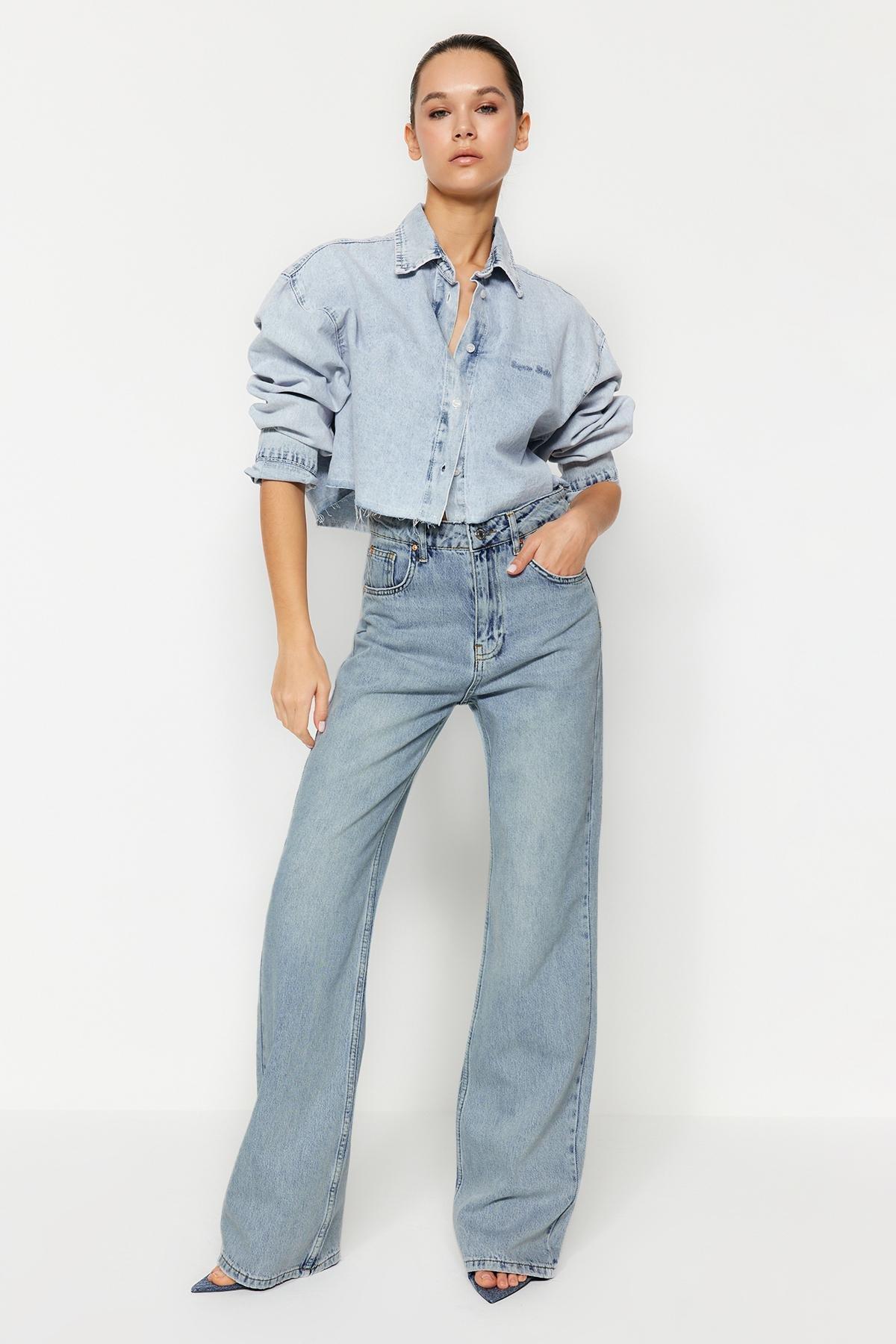 Blue Pale Effect Vintage Wide Leg Jeans, , large image number 1