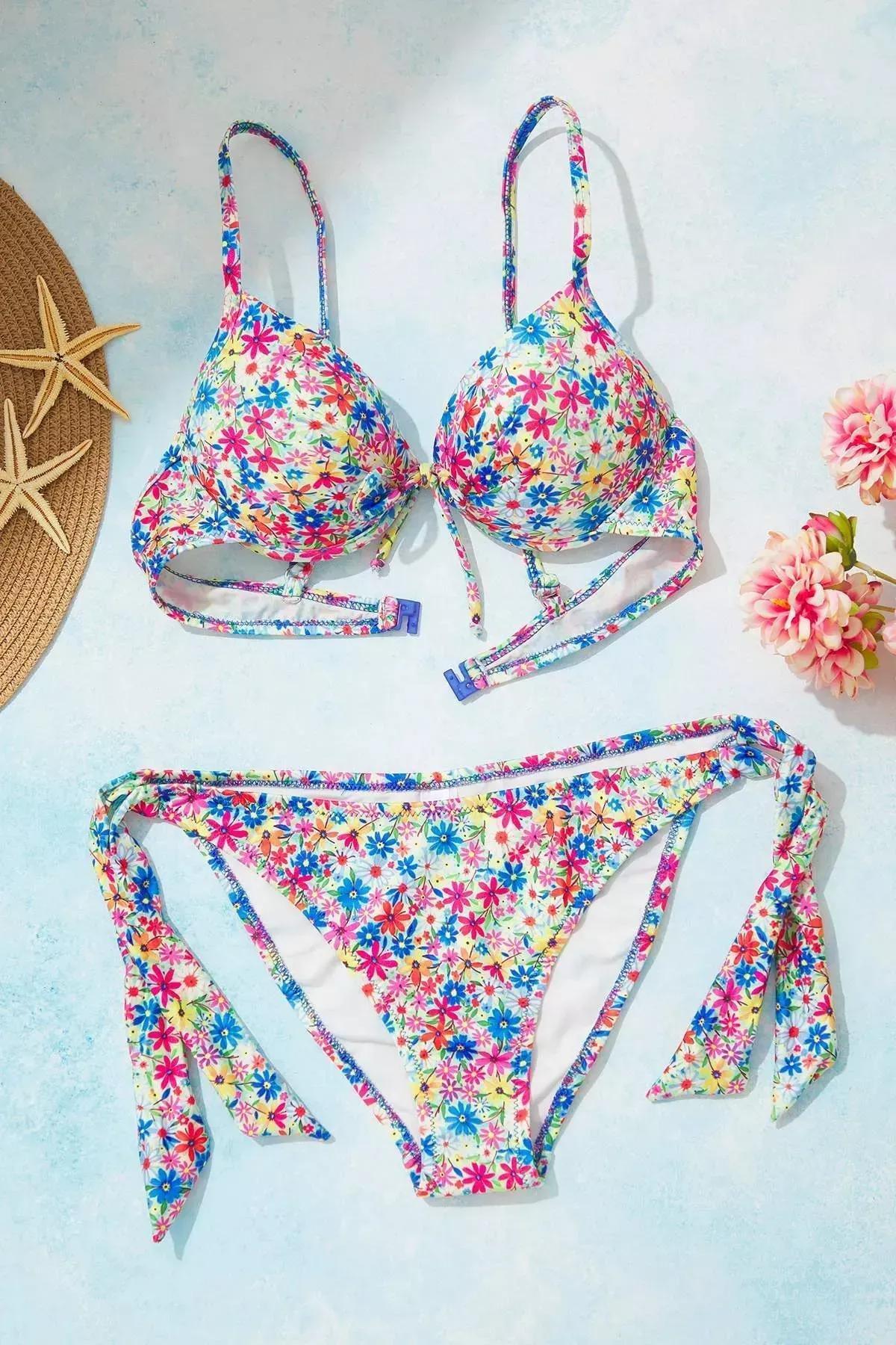 Multicolour Floral Tied Brazilian Bikini Bottom, C101_7382, medium