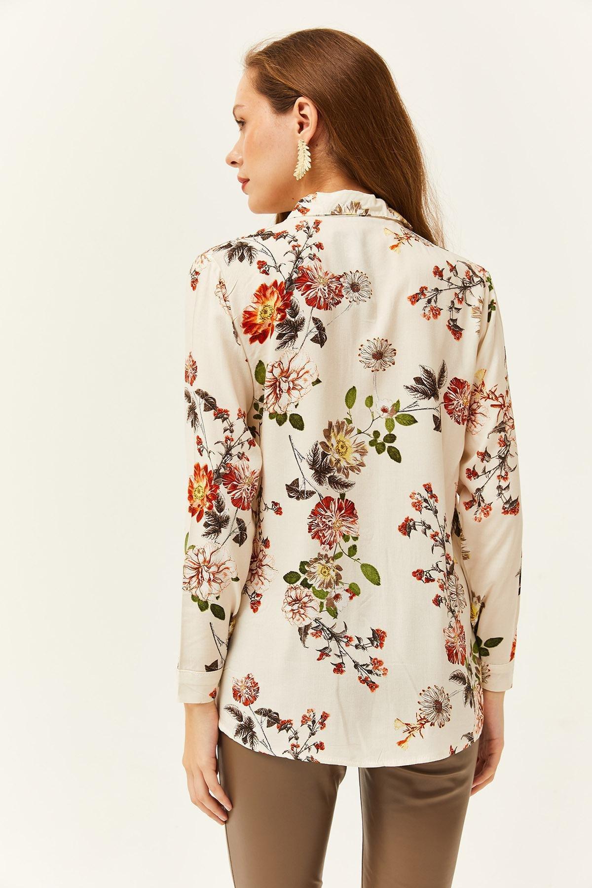 Olalook - Womens Ecru Floral Patterned Woven Viscose Shirt GML-19001162, Einzeln