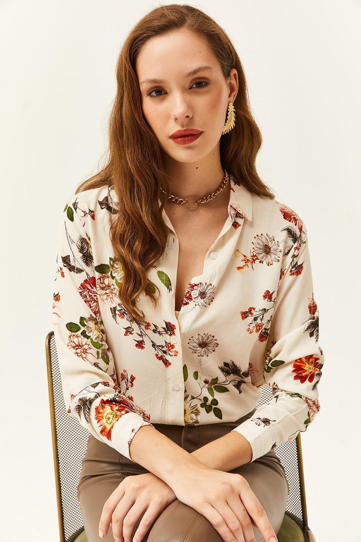 Womens Ecru Floral Patterned Woven Viscose Shirt GML-19001162, single, , large image number 2