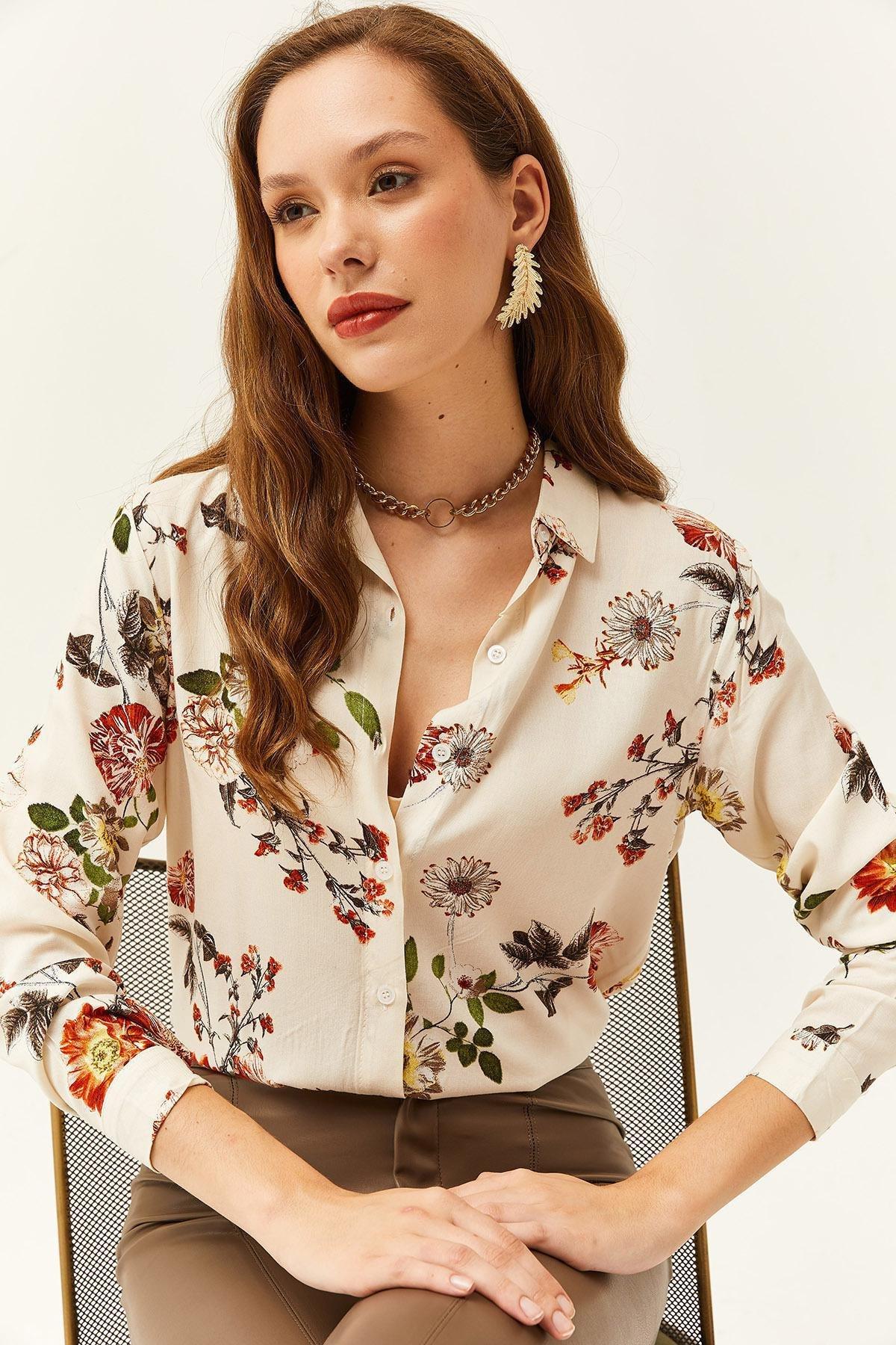 Womens Ecru Floral Patterned Woven Viscose Shirt GML-19001162, single, , large image number 3