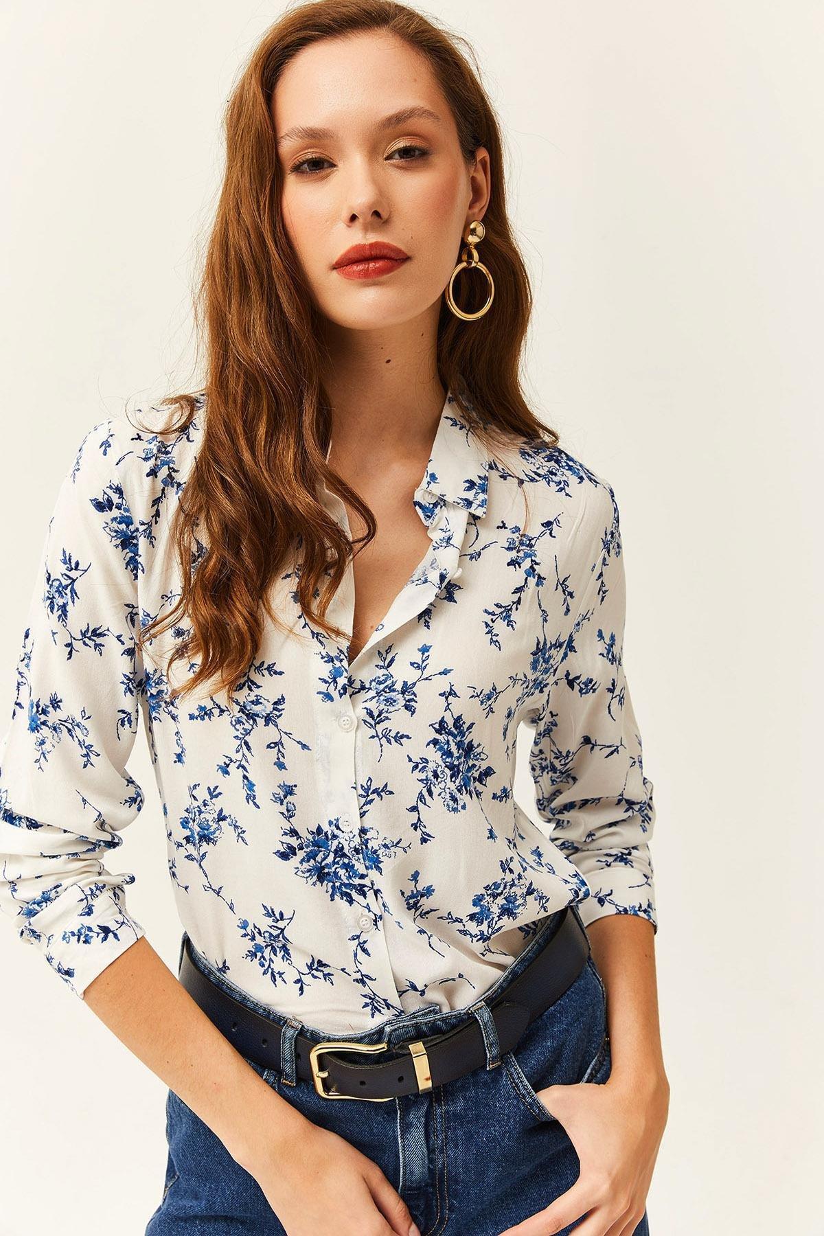 Womens White Blue Floral Pattern Woven Viscose Shirt GML-19001162, single, , large image number 1