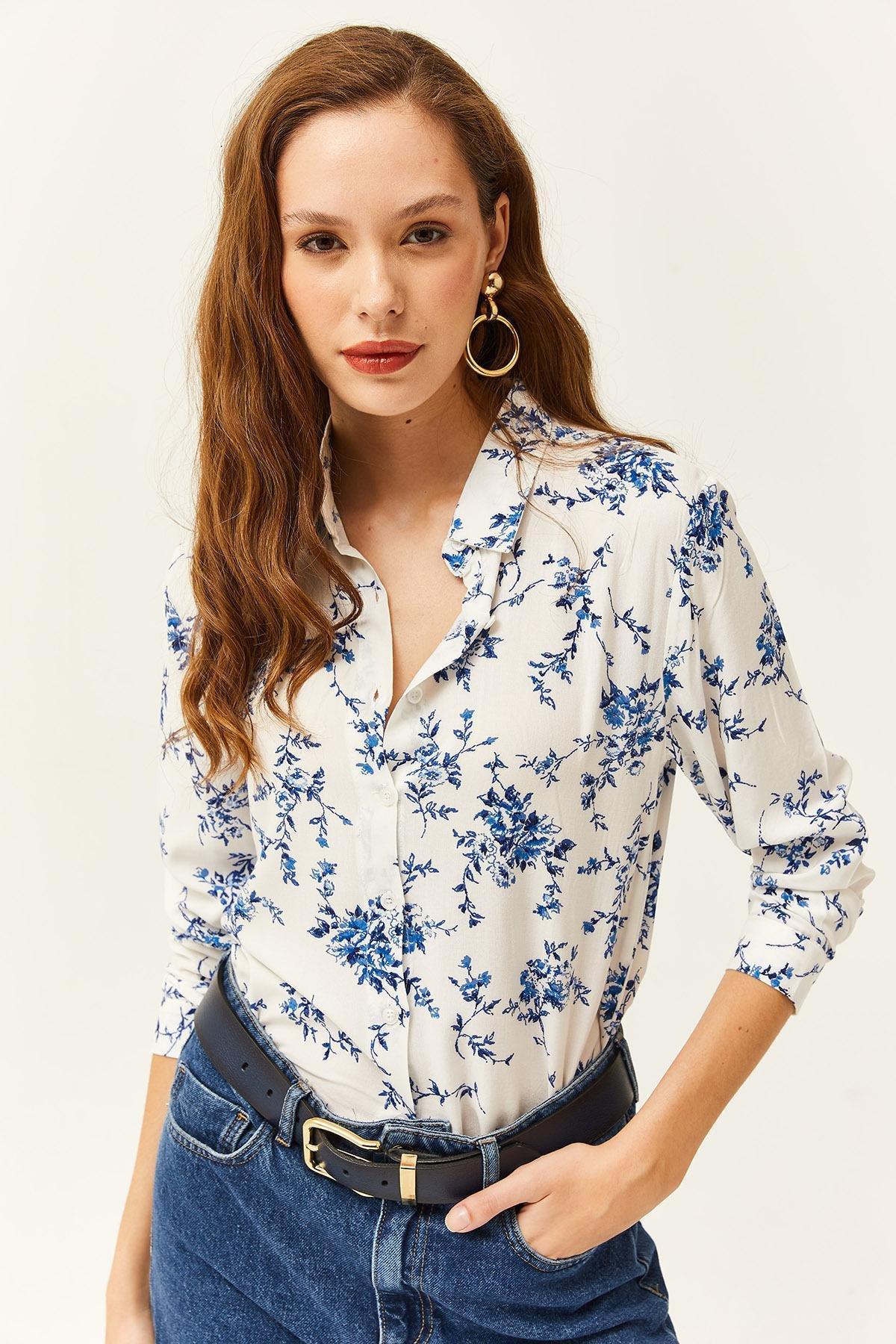Womens White Blue Floral Pattern Woven Viscose Shirt GML-19001162, single, , large image number 2
