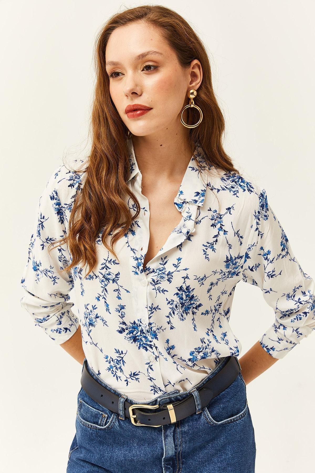 Womens White Blue Floral Pattern Woven Viscose Shirt GML-19001162, single, , large image number 3