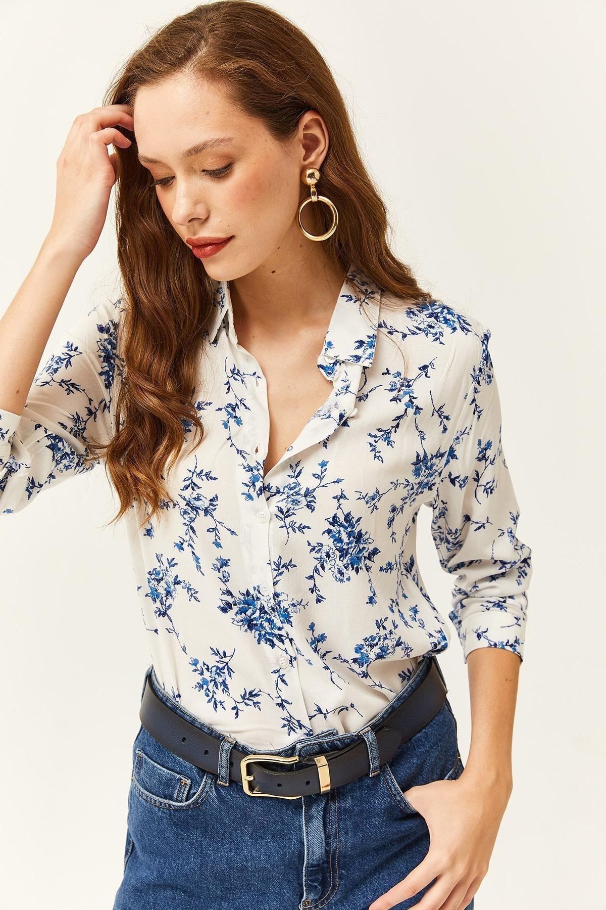 Womens White Blue Floral Pattern Woven Viscose Shirt GML-19001162, single, , large image number 4