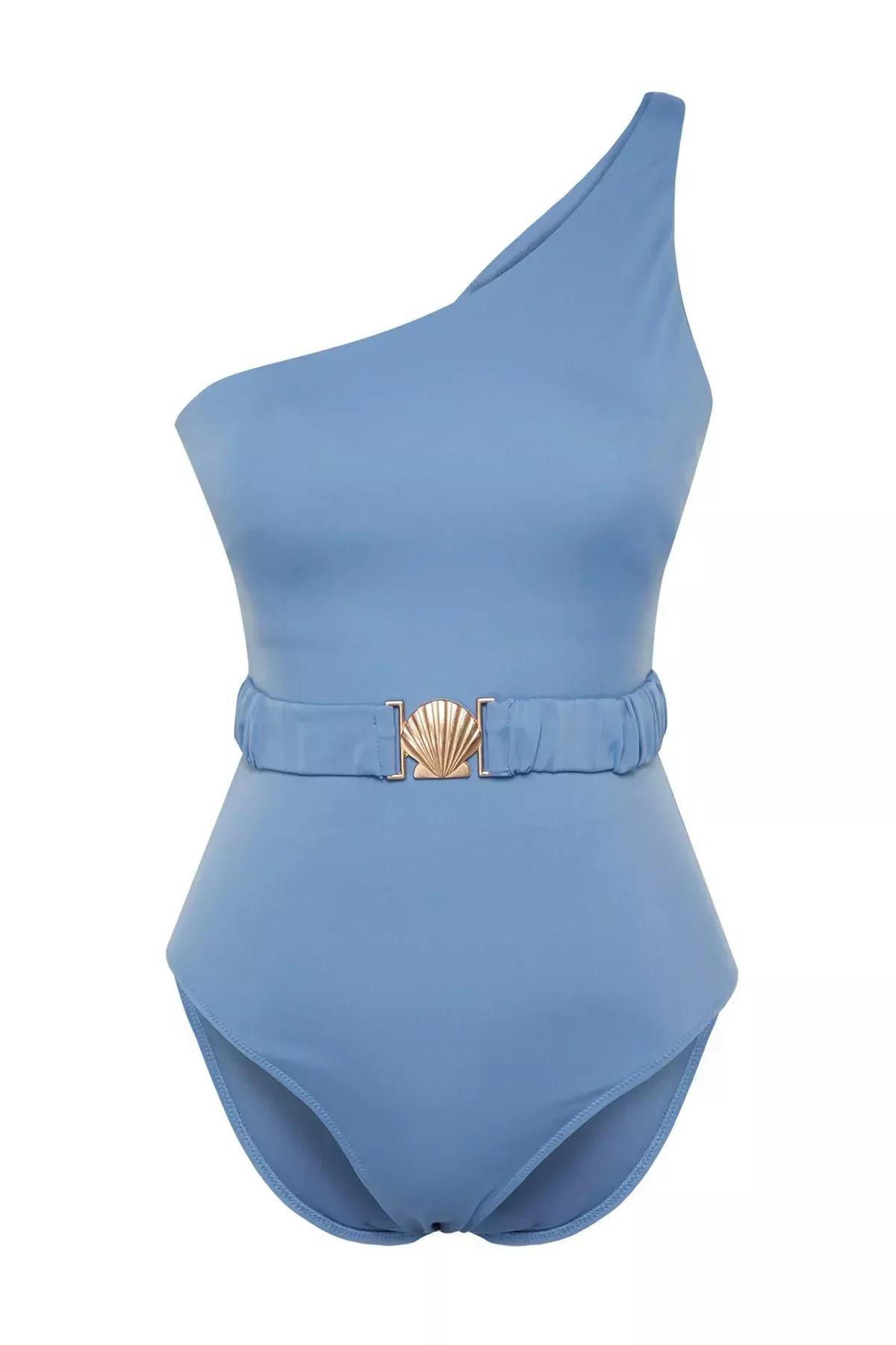 Blue Belted One Shoulder Swimsuit, C101_4630, large image number 6