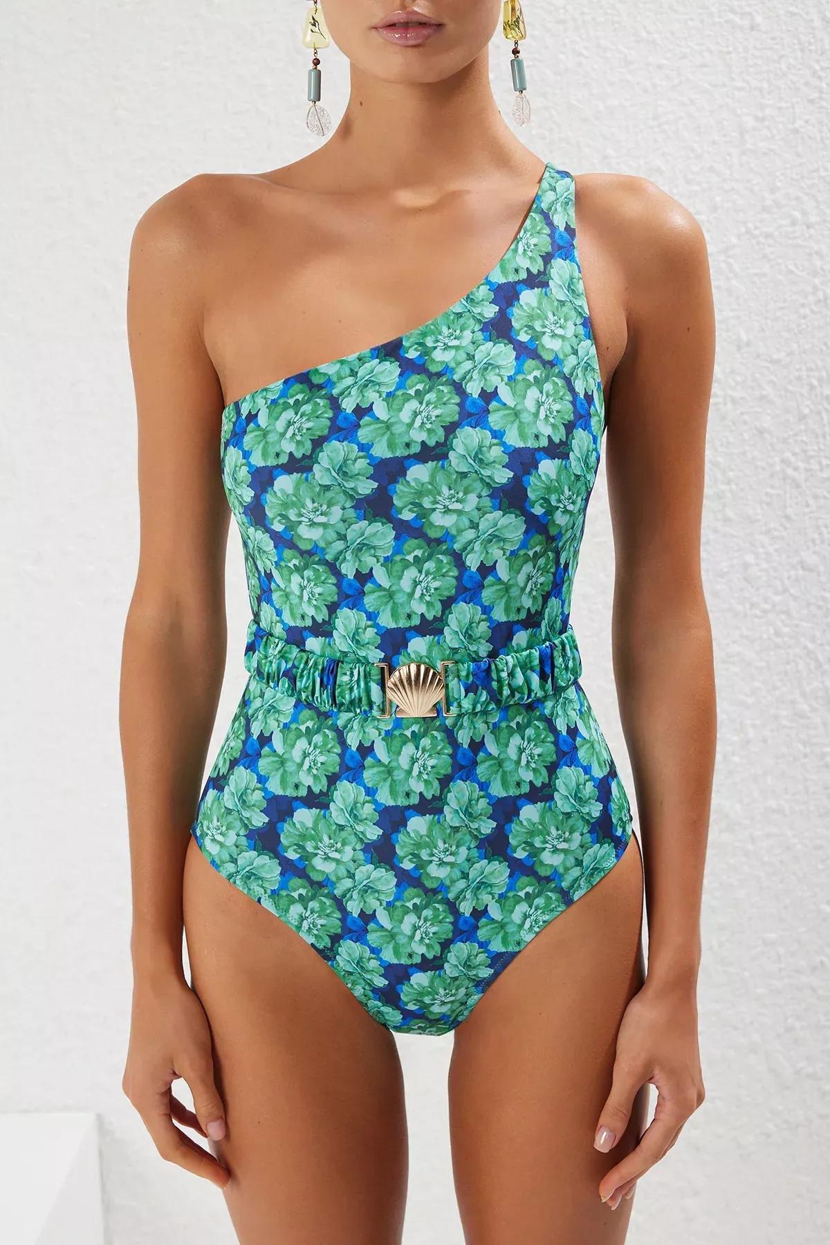 Blue Floral One Shoulder Swimsuit, Very colorful, large image number 2
