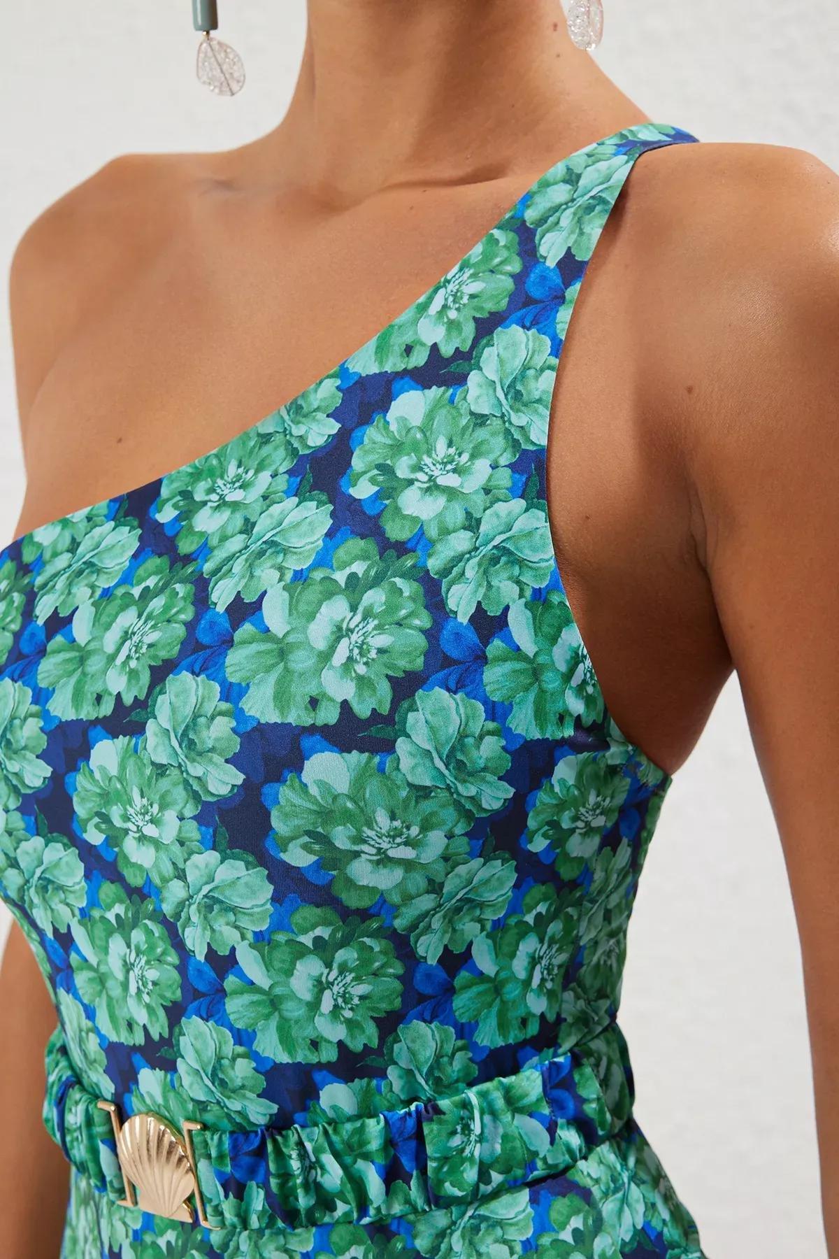 Blue Floral One Shoulder Swimsuit, Very colorful, large image number 3