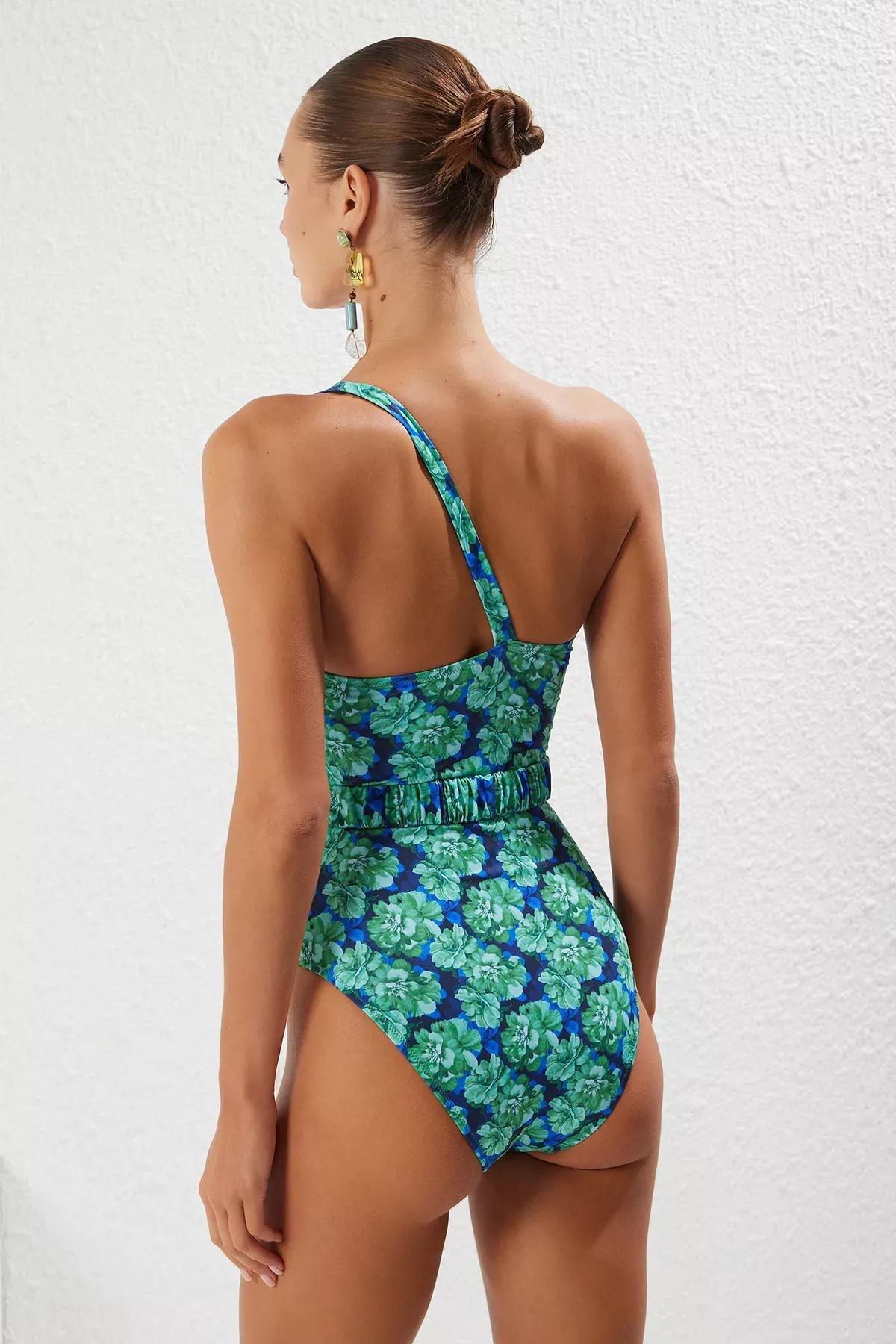 Blue Floral One Shoulder Swimsuit, Very colorful, large image number 4