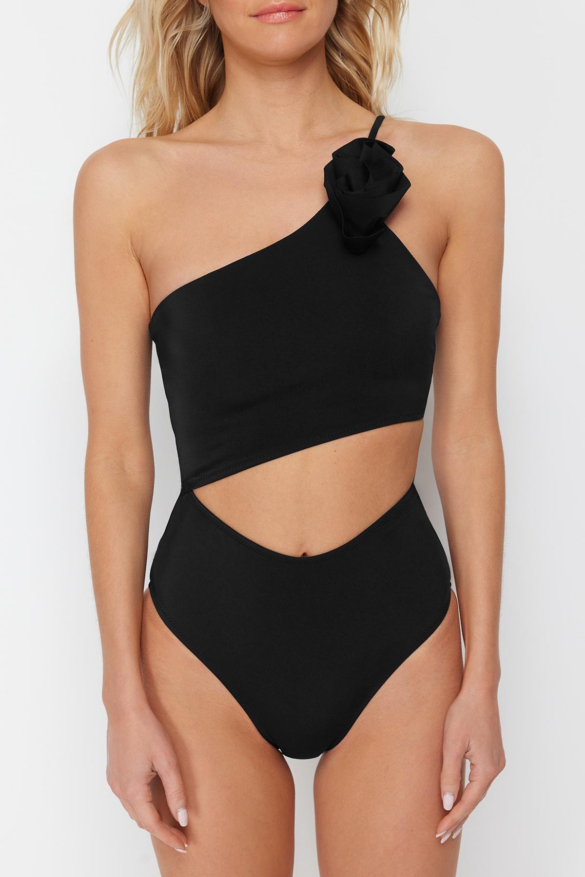 Trendyol - Black Shoulder Floral Appliqued Swimsuit