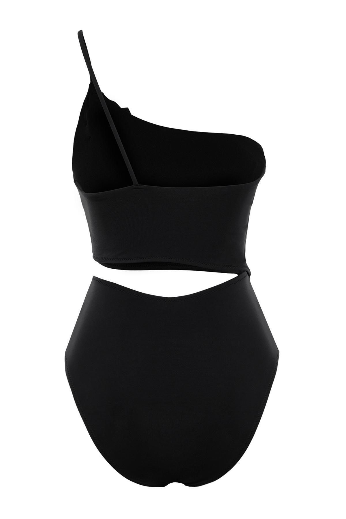 Trendyol - Black Shoulder Floral Appliqued Swimsuit