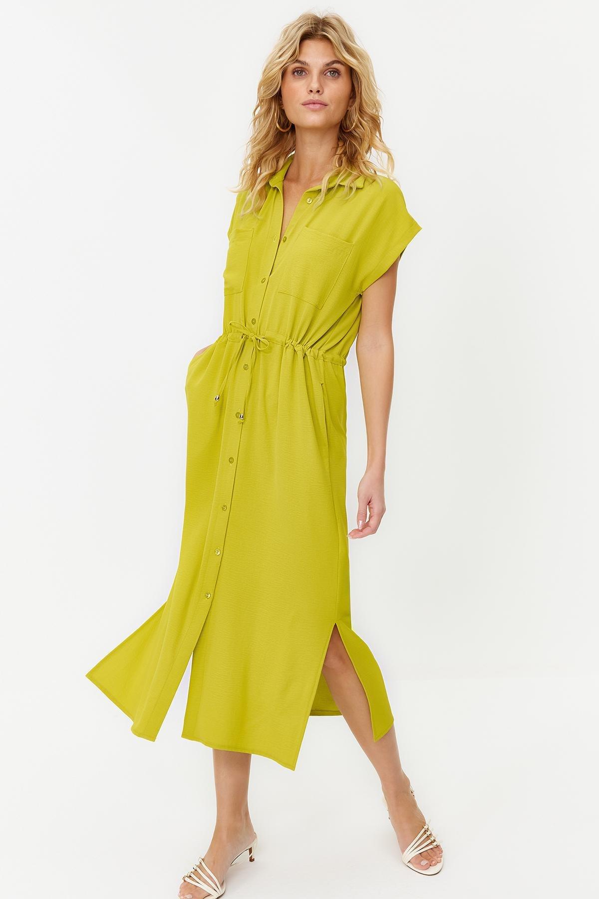 Green Pocket Detailed Midi Aerobin Woven Dress, , large image number 0