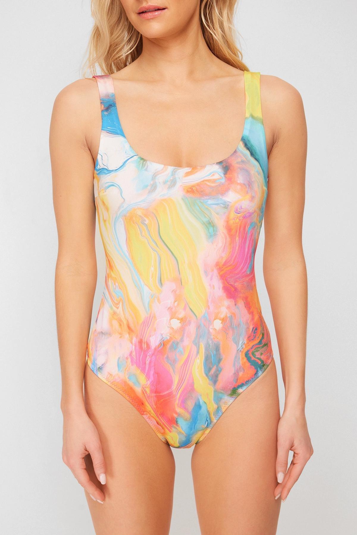 Multicolour Patterned Low-Cut Back Swimsuit, C101_1704, large image number 3