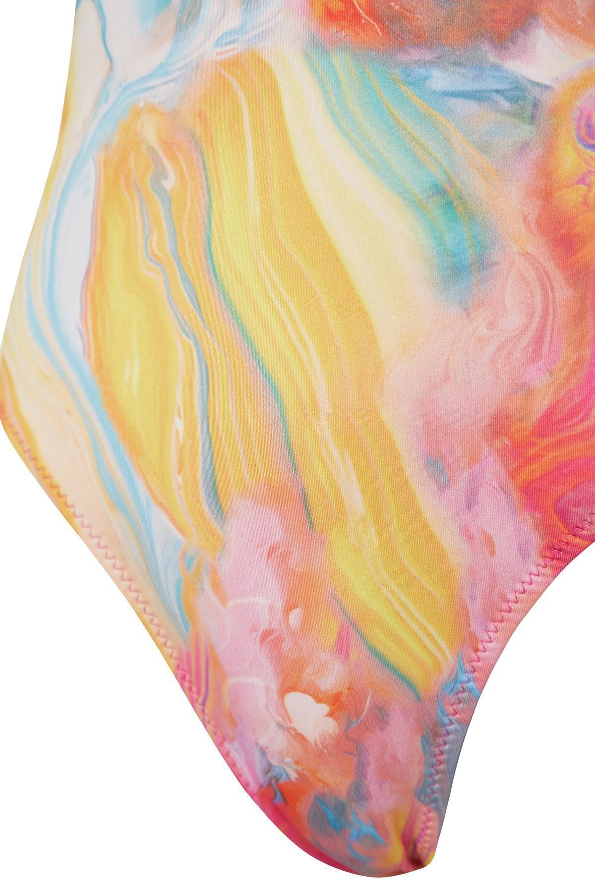 Multicolour Patterned Low-Cut Back Swimsuit, C101_1704, large image number 5