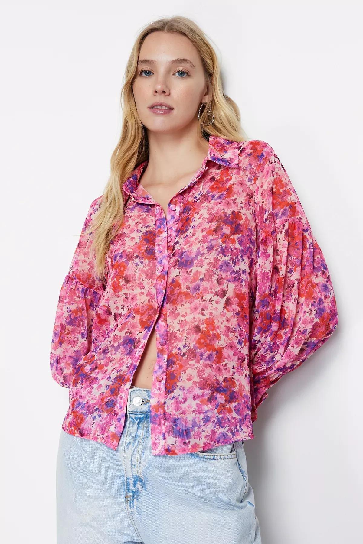 Pink Floral Chiffon Woven Shirt, , medium