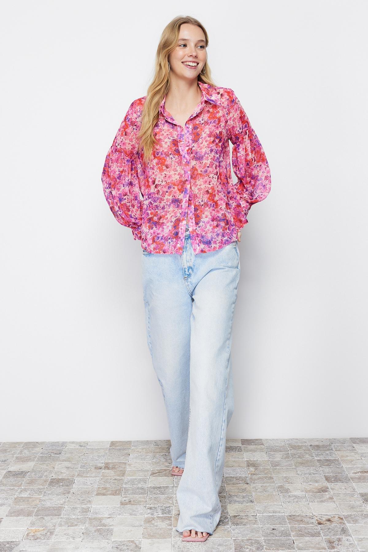 Pink Floral Chiffon Woven Shirt, , large image number 0