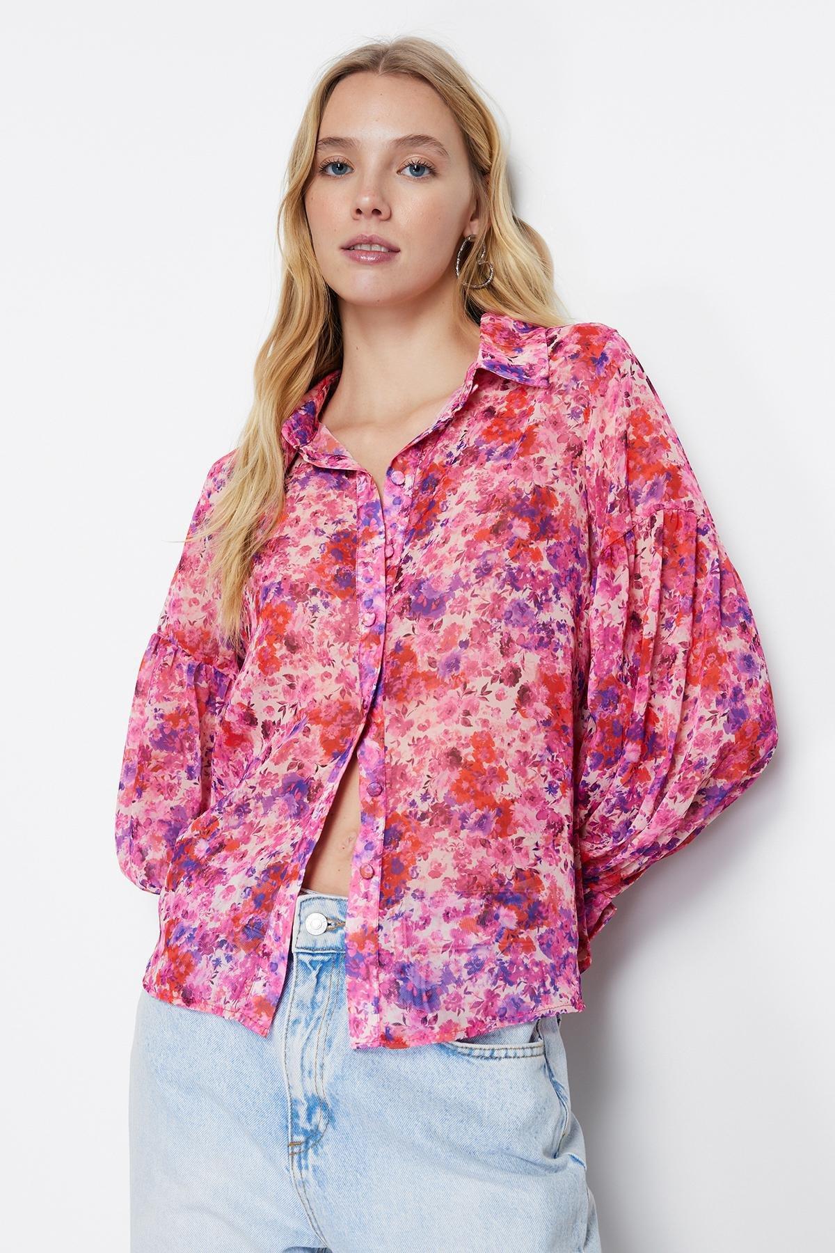Pink Floral Chiffon Woven Shirt, , large image number 1
