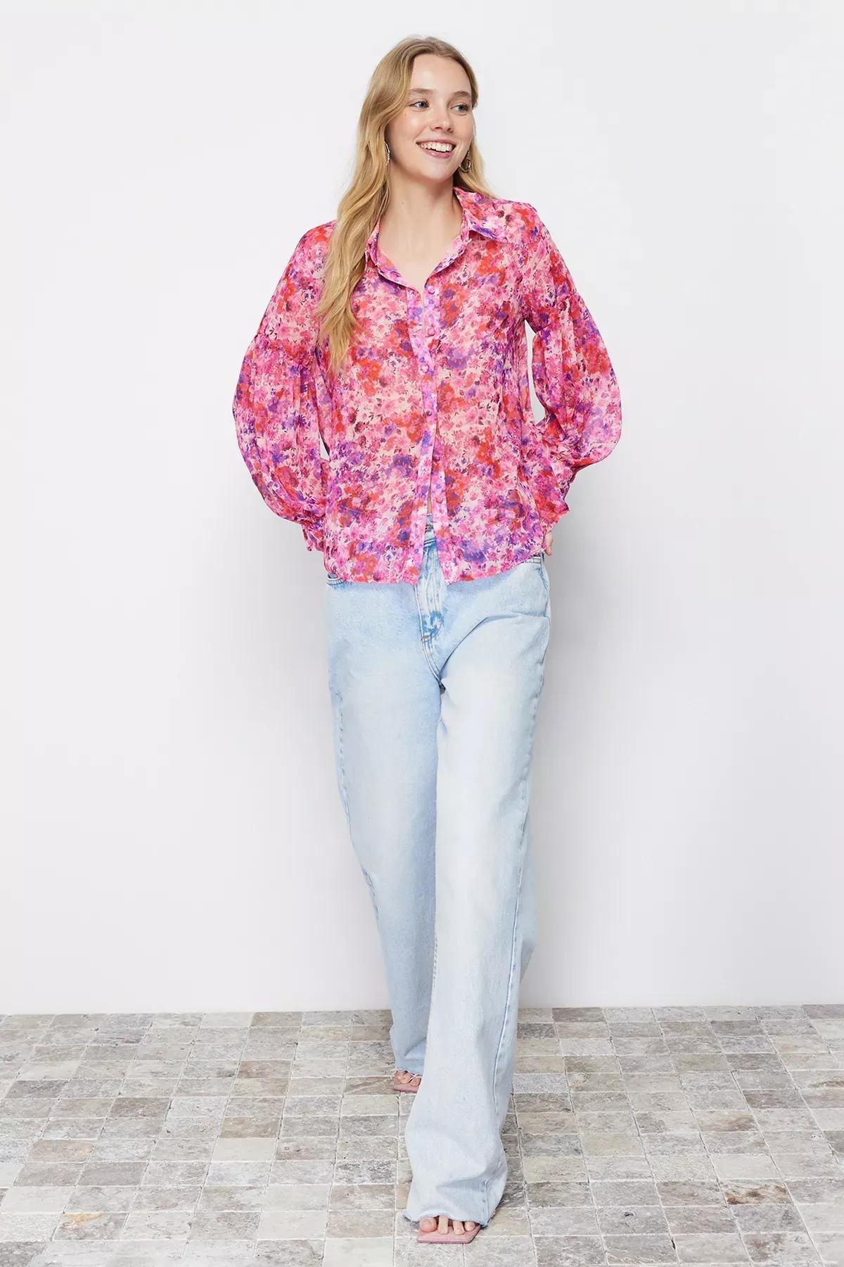 Pink Floral Chiffon Woven Shirt, Pink, large image number 1