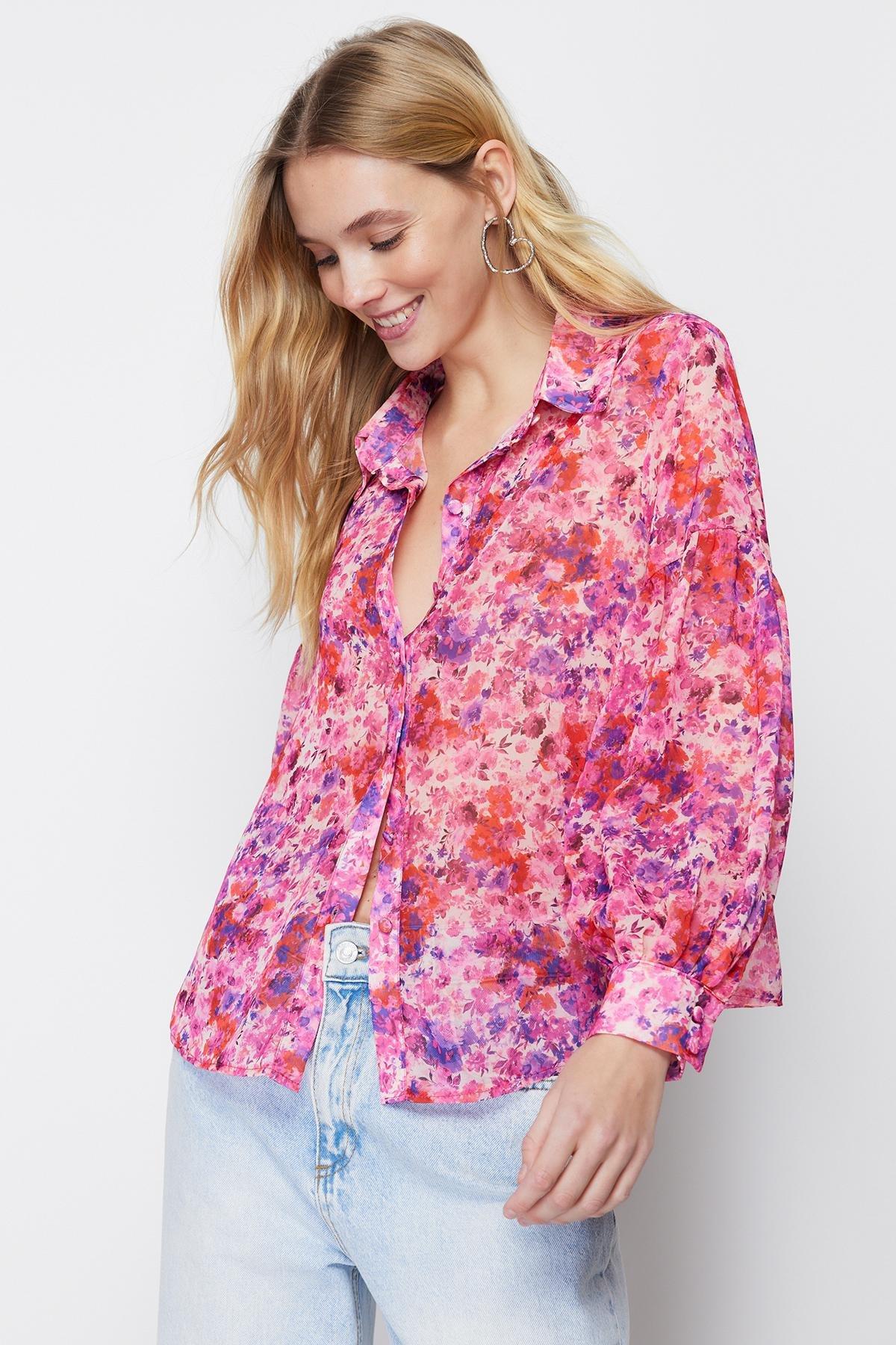 Pink Floral Chiffon Woven Shirt, , large image number 2