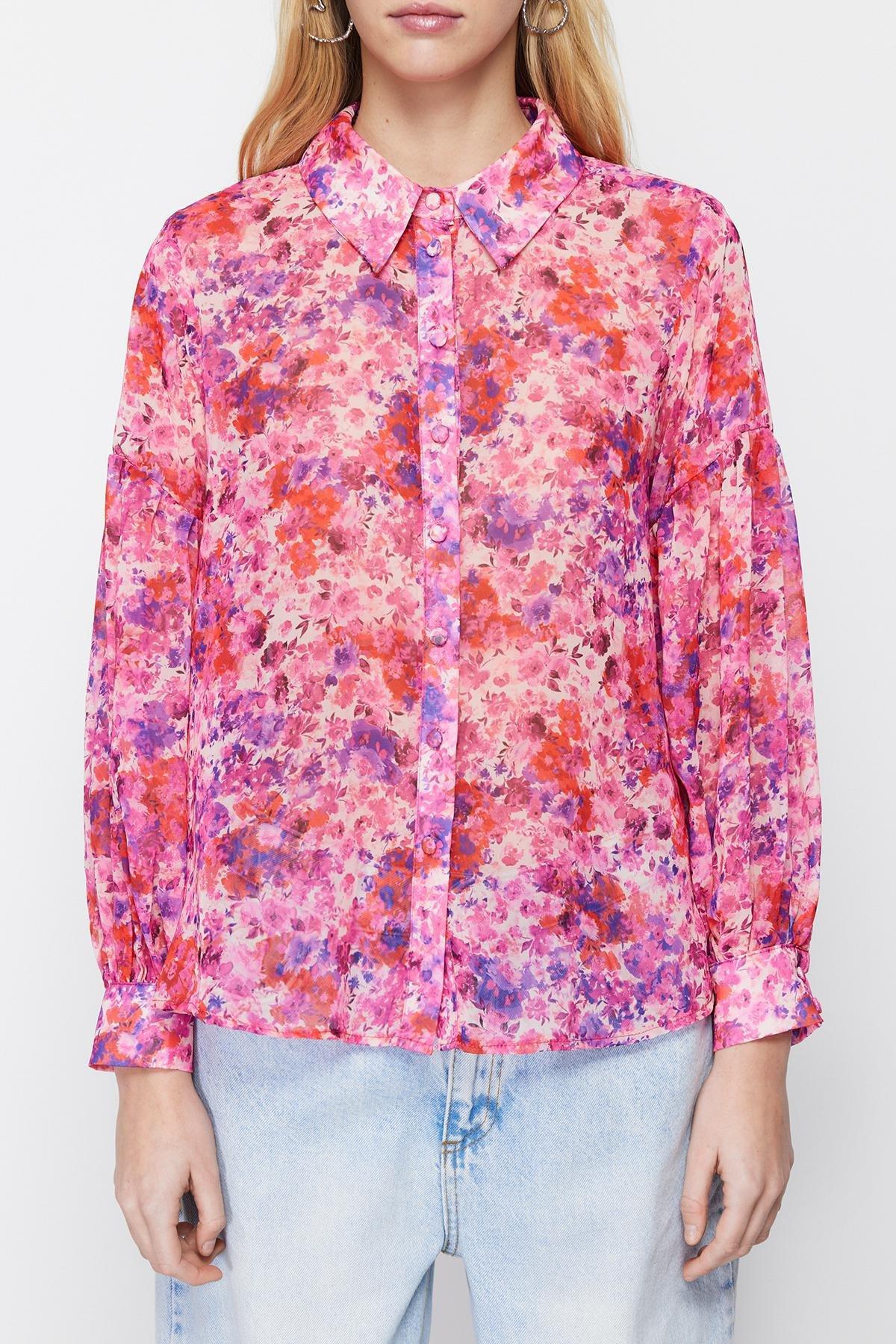 Pink Floral Chiffon Woven Shirt, , large image number 3