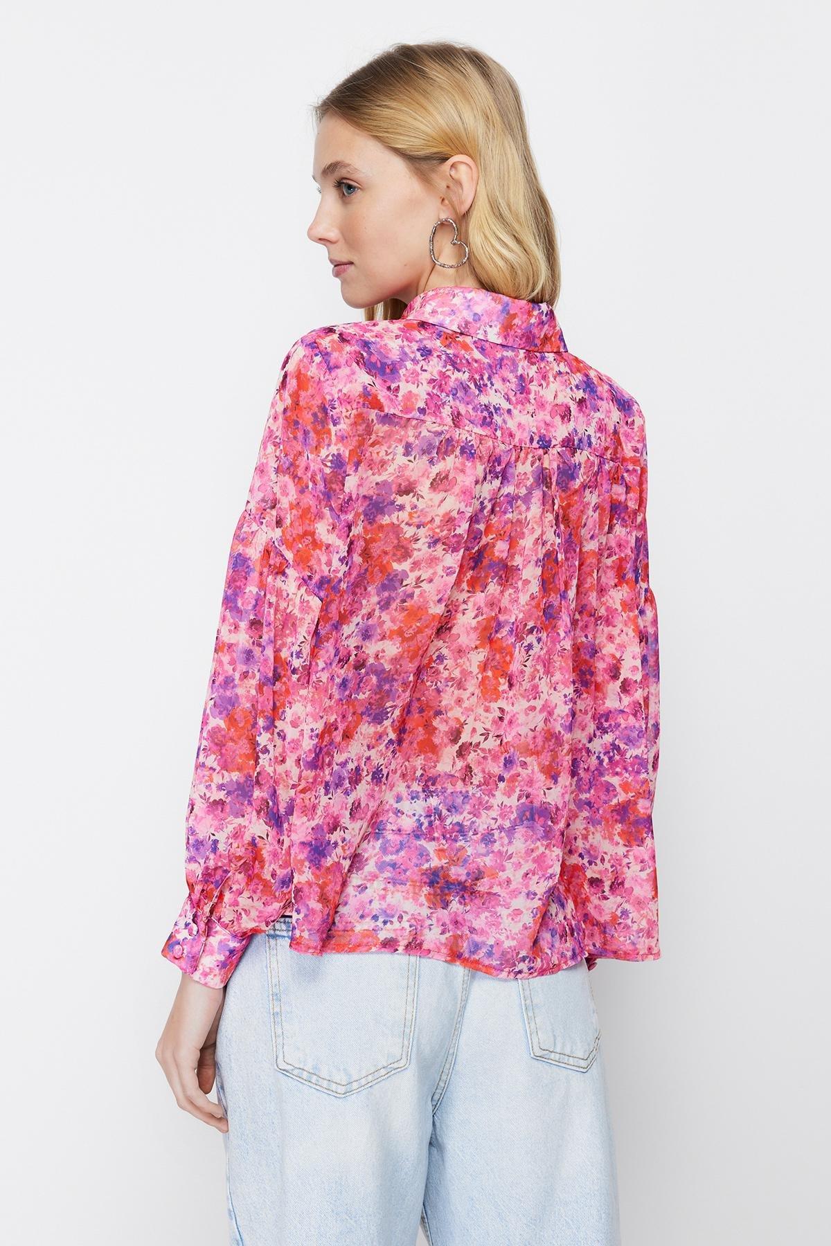 Pink Floral Chiffon Woven Shirt, , large image number 4