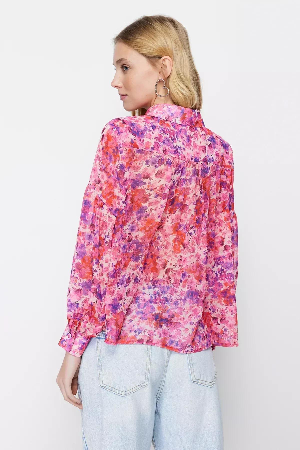 Pink Floral Chiffon Woven Shirt, Pink, large image number 4