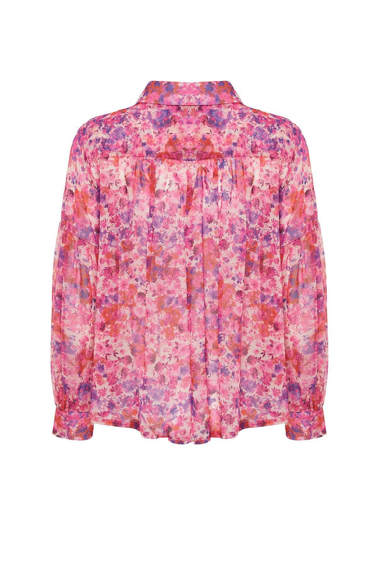 Pink Floral Chiffon Woven Shirt, , large image number 5
