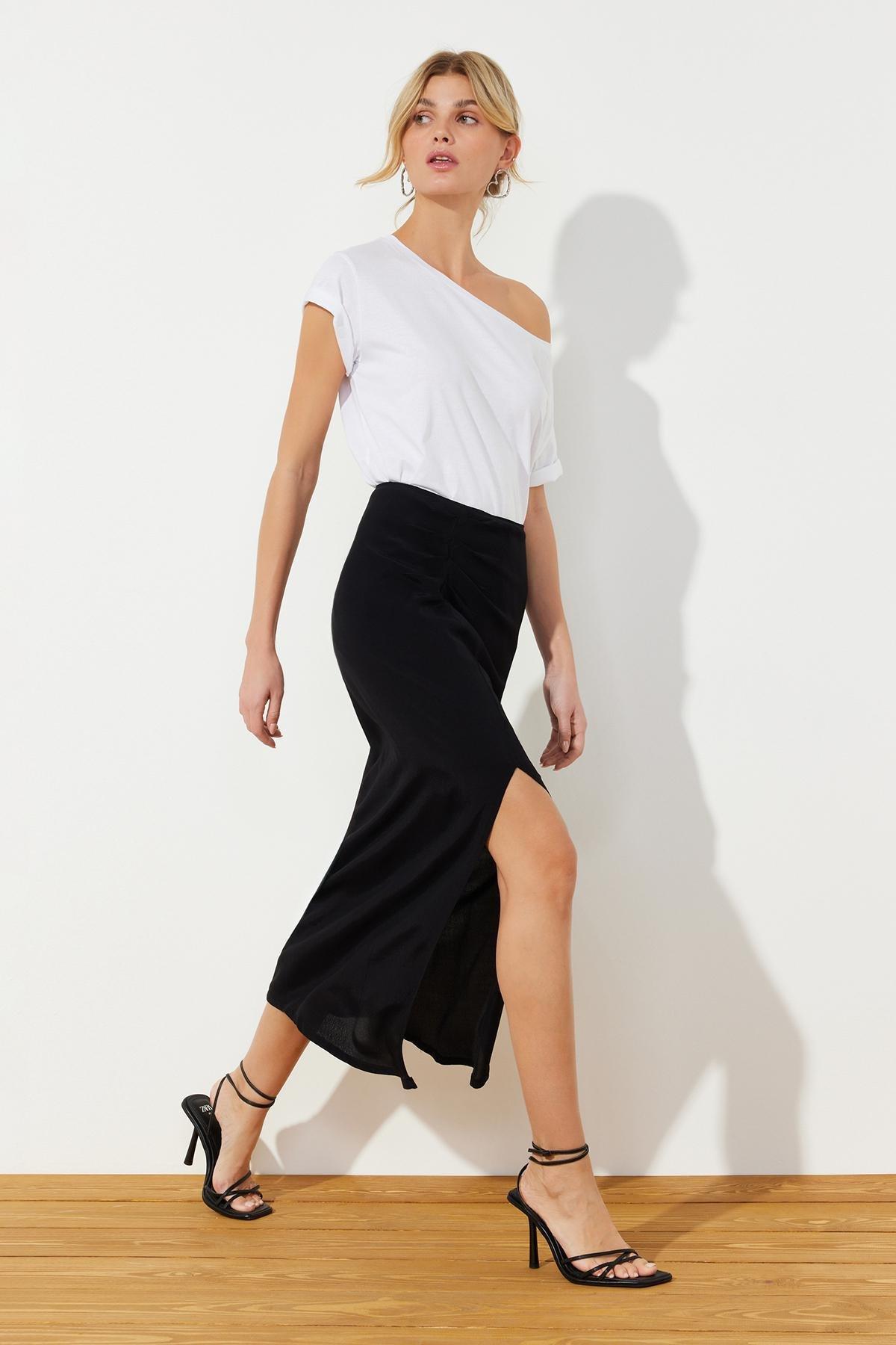 Black Slit Maxi Length Woven Skirt, , large image number 2