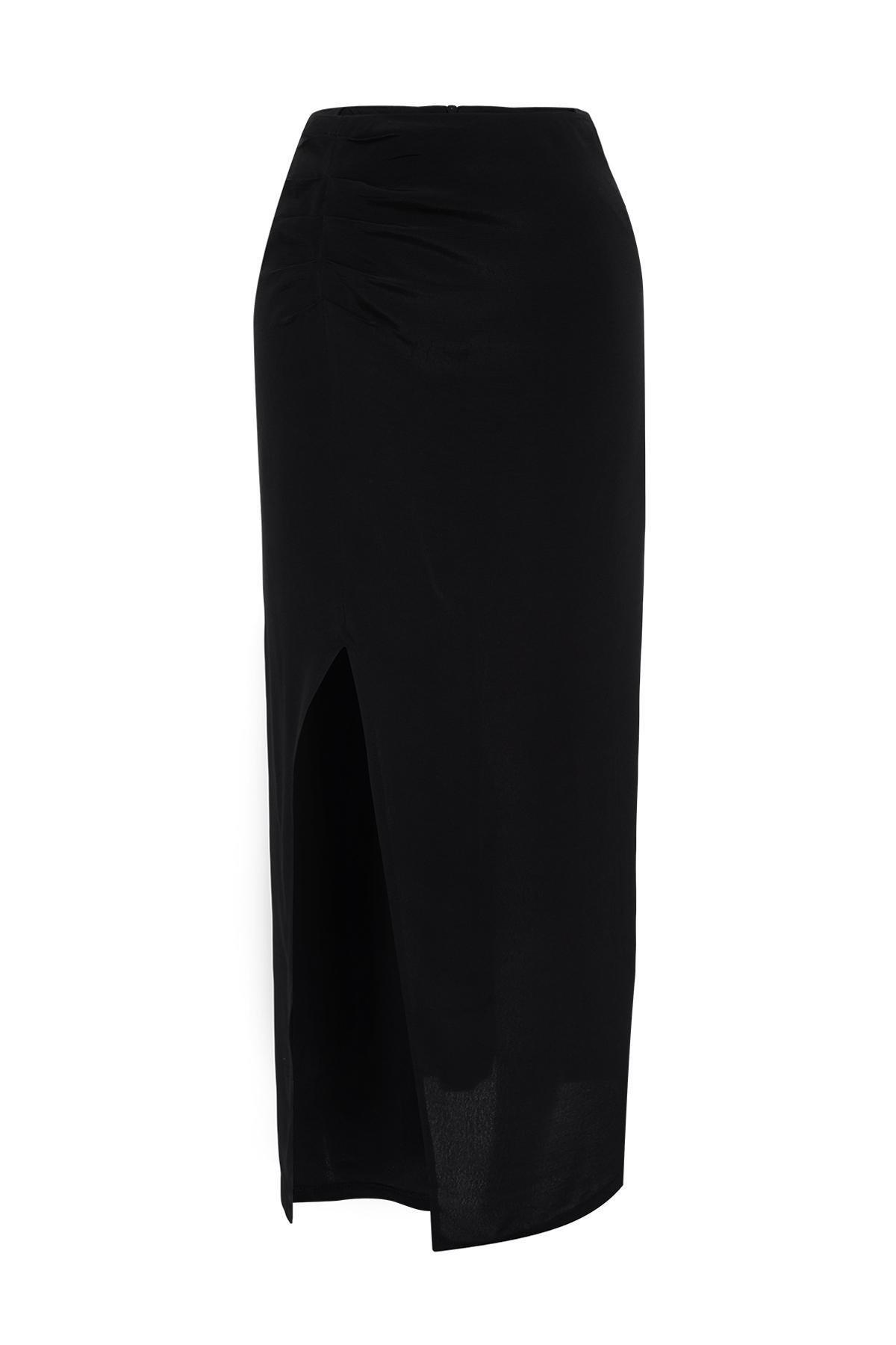 Black Slit Maxi Length Woven Skirt, , large image number 5
