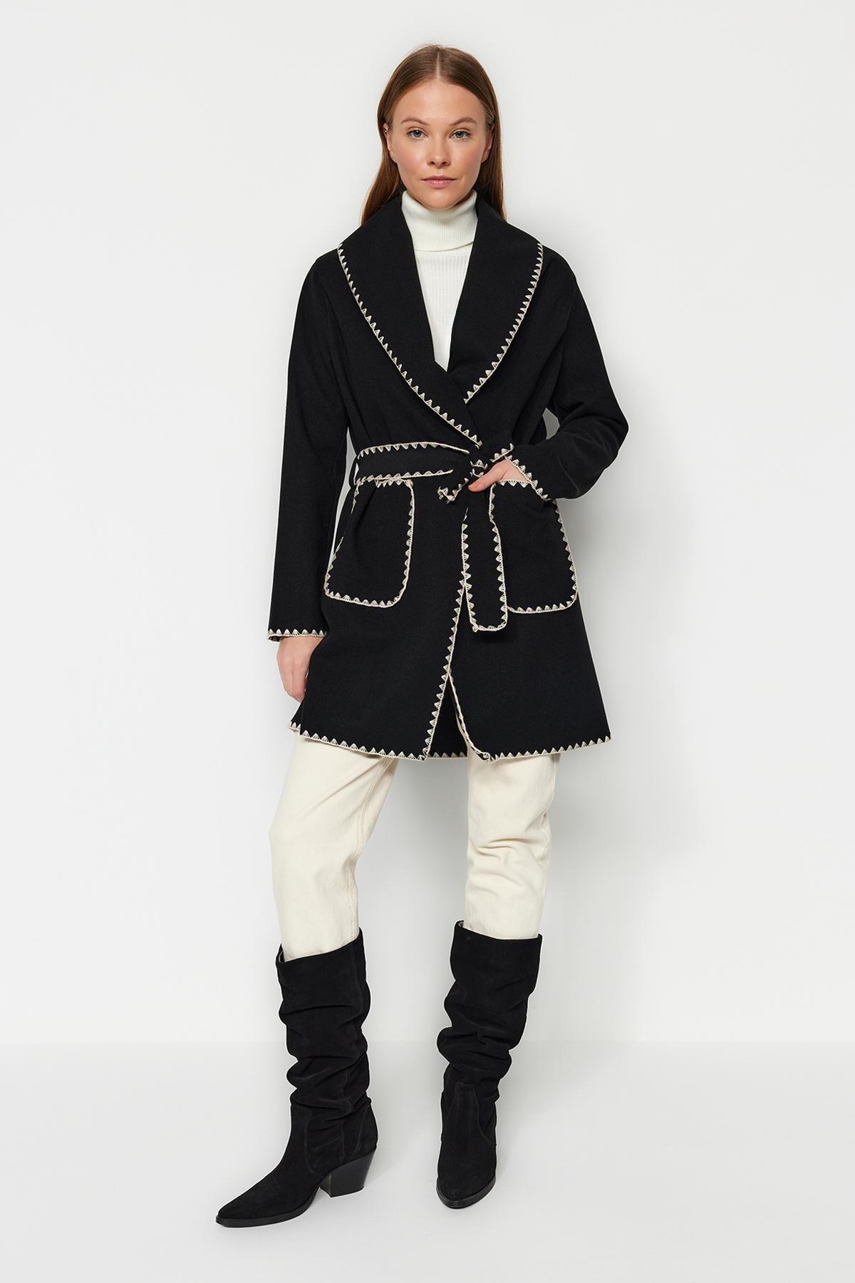 Black Embroidered Detailed Coat, BLACK, large image number 0