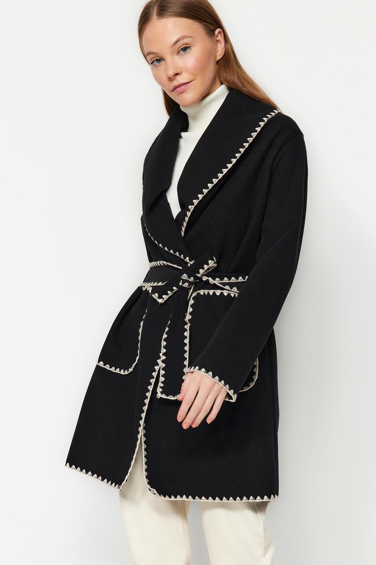 Black Embroidered Detailed Coat, BLACK, large image number 1