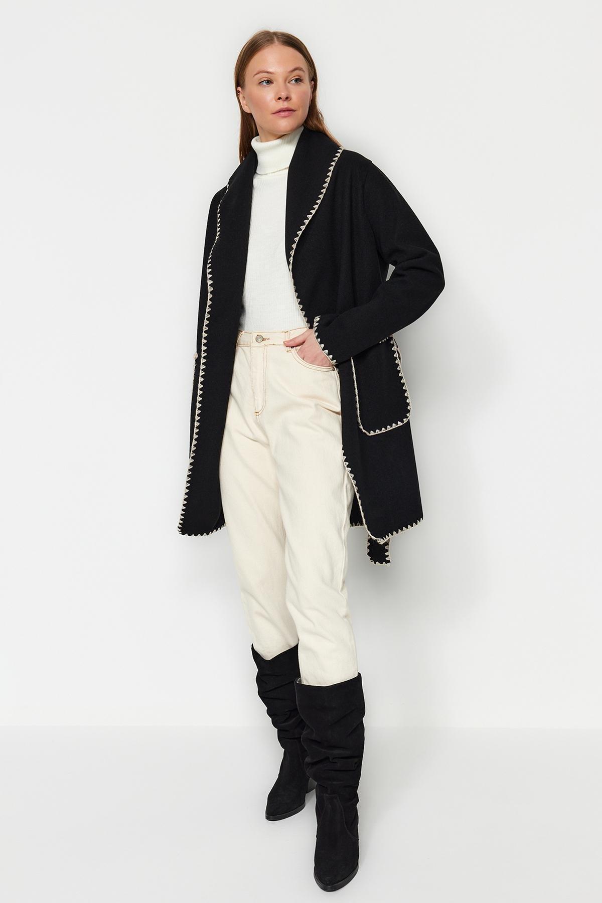 Black Embroidered Detailed Coat, BLACK, large image number 2