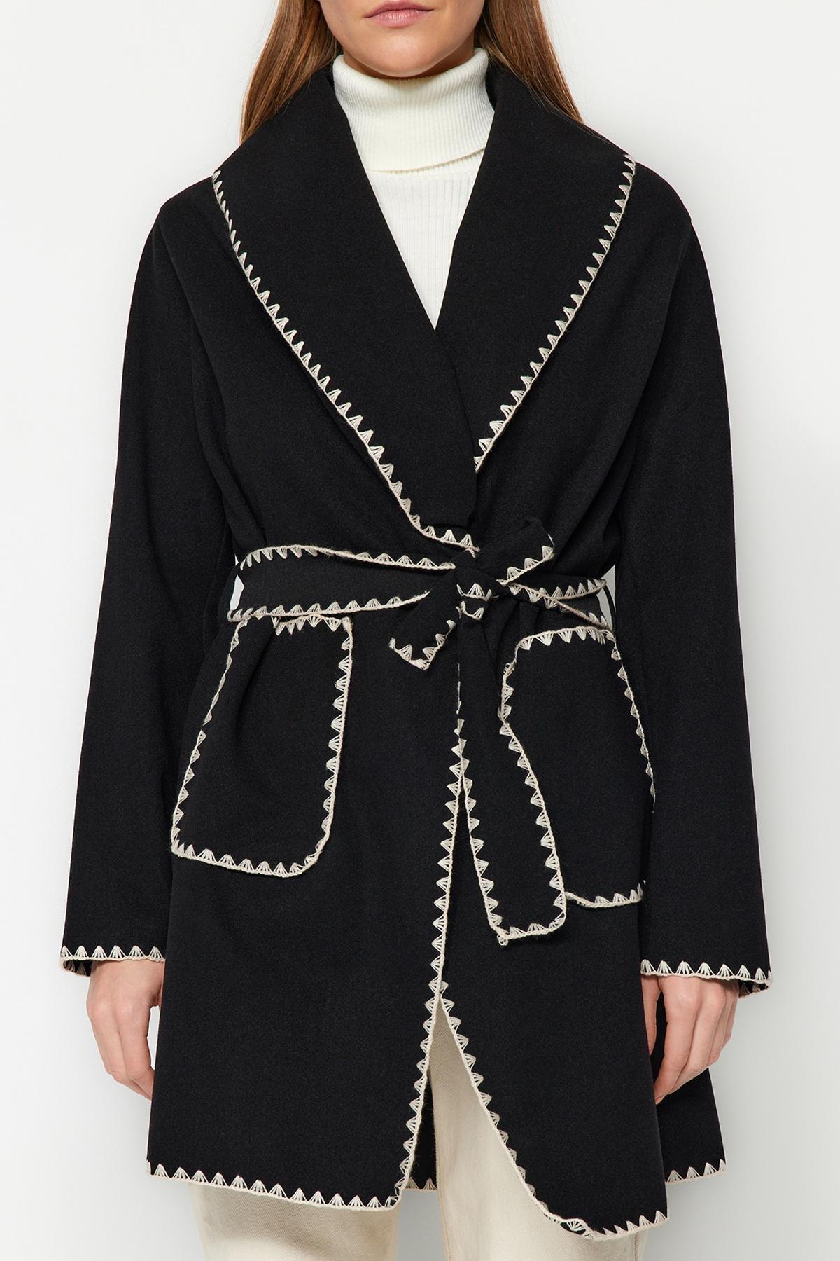 Black Embroidered Detailed Coat, BLACK, large image number 3