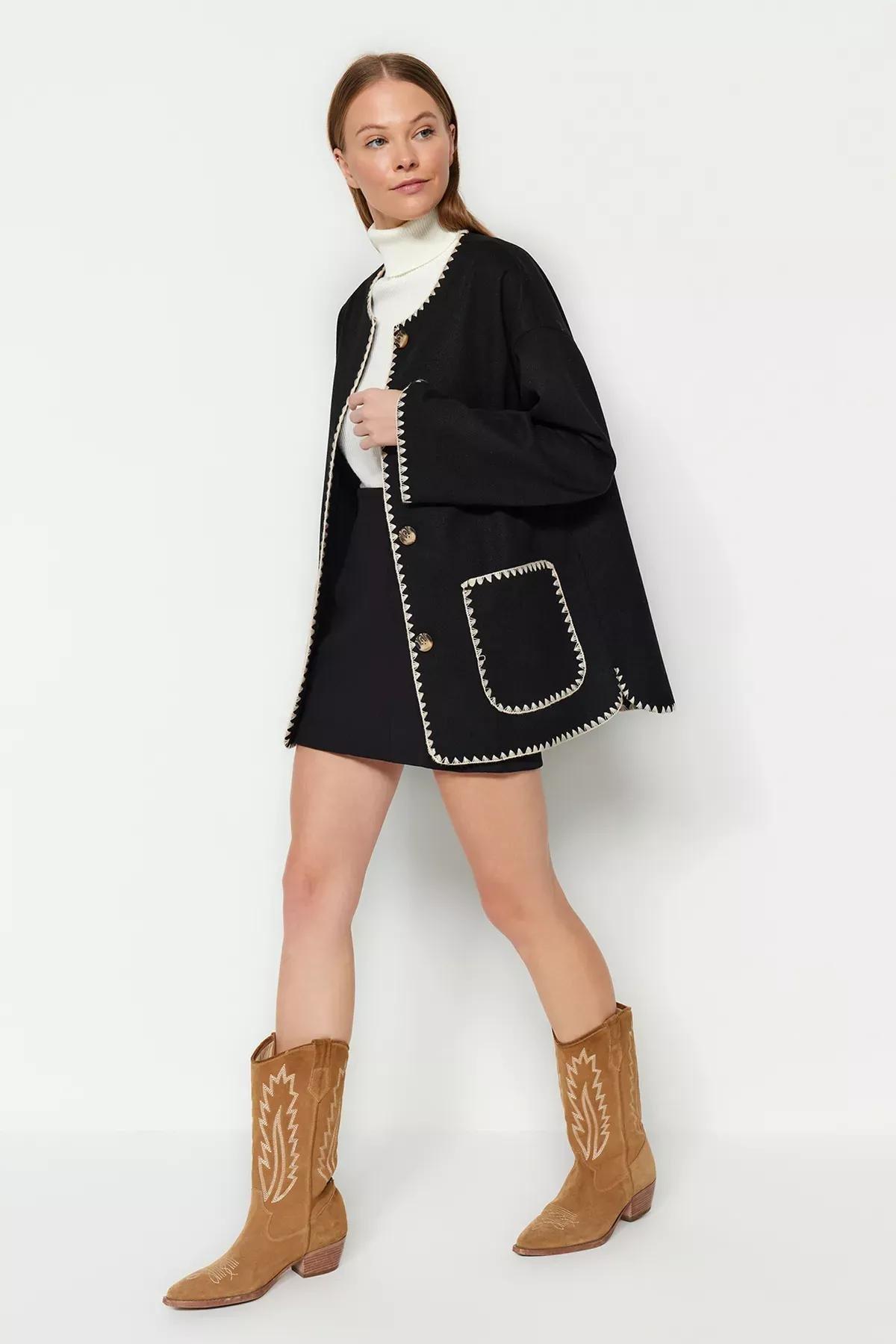 Black Embroidered Detailed Coat, , large image number 0