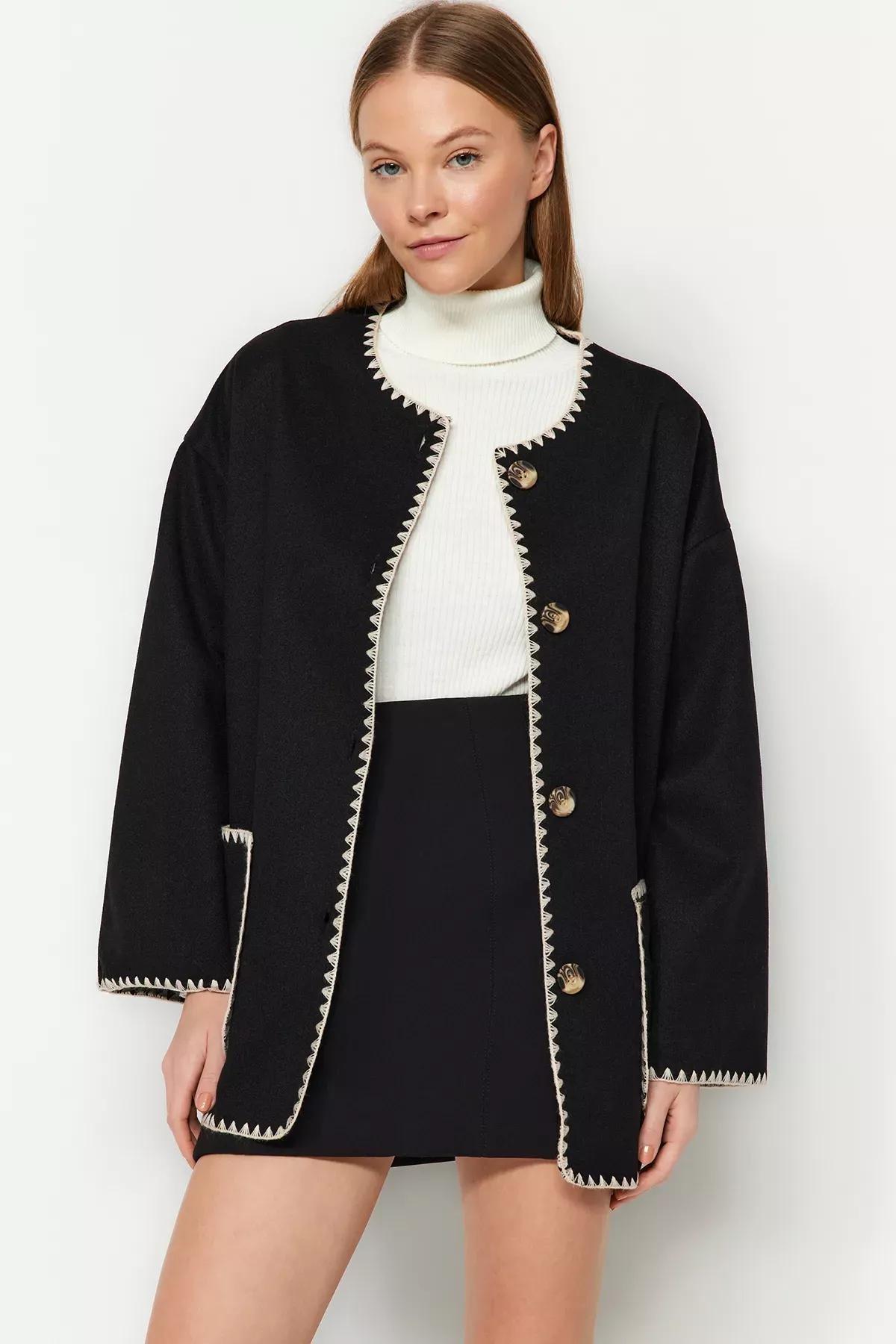 Black Embroidered Detailed Coat, , large image number 1