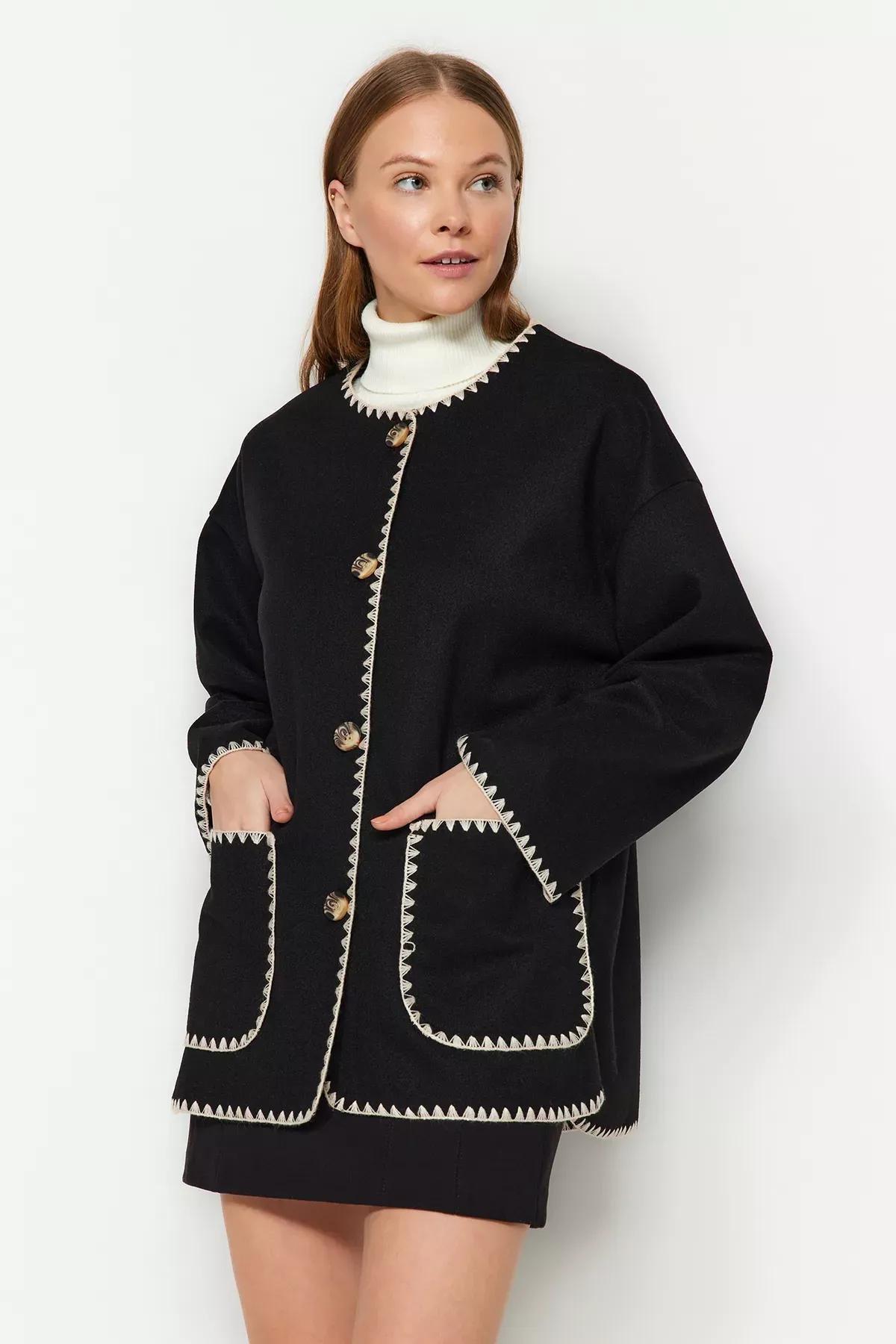 Black Embroidered Detailed Coat, , large image number 2