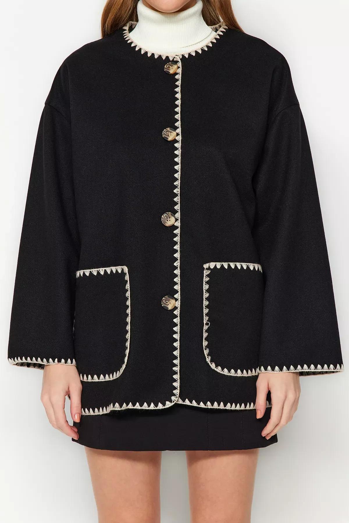 Black Embroidered Detailed Coat, , large image number 3
