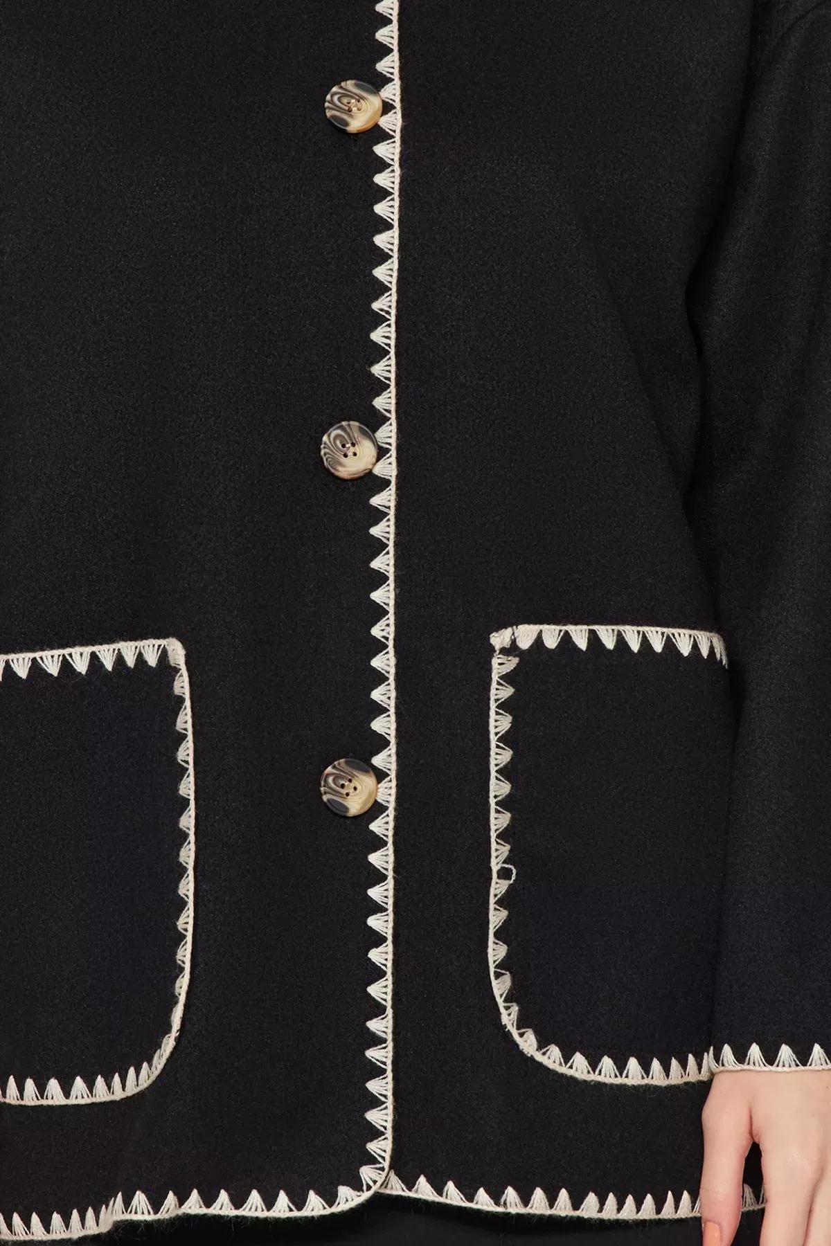 Black Embroidered Detailed Coat, , large image number 4