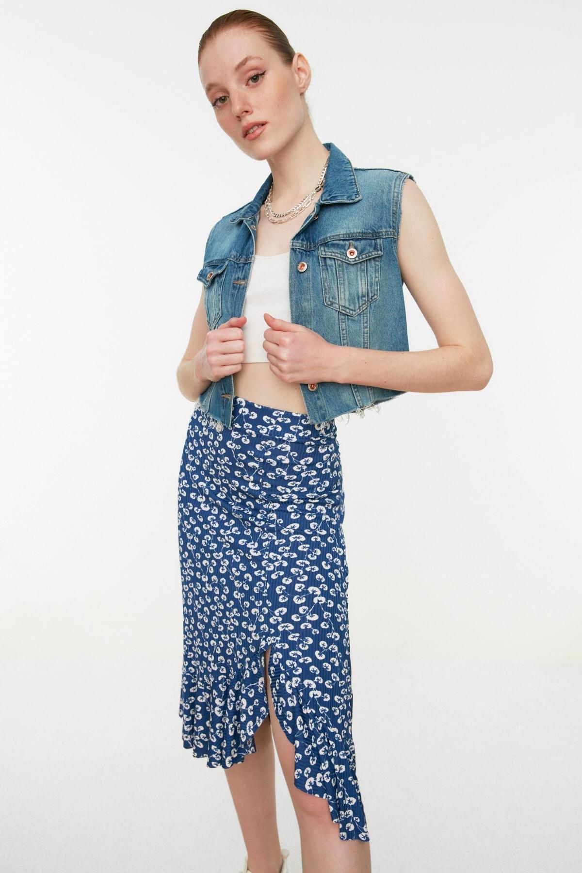 Blue A-Line Polka Dot Midi Skirt, , large image number 0