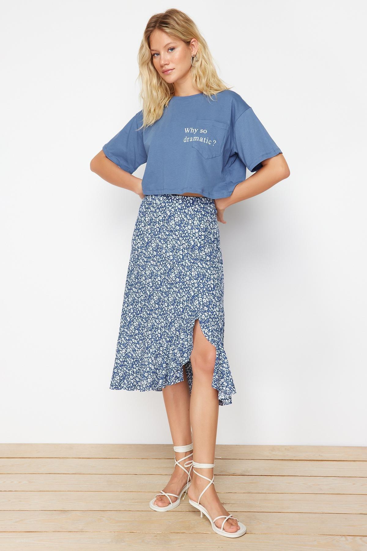 Blue A-Line Polka Dot Midi Skirt, , large image number 1