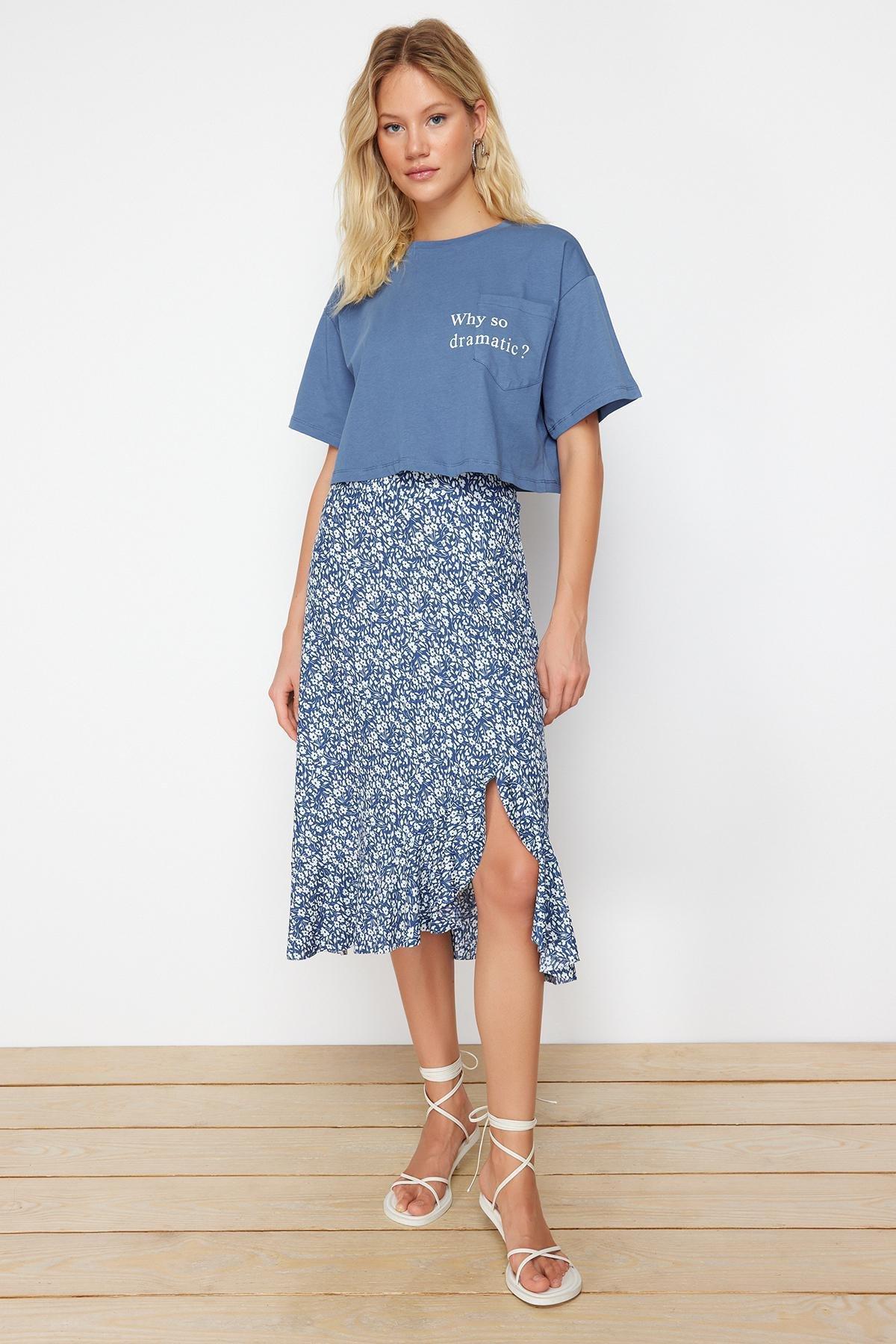 Blue A-Line Polka Dot Midi Skirt, , large image number 3